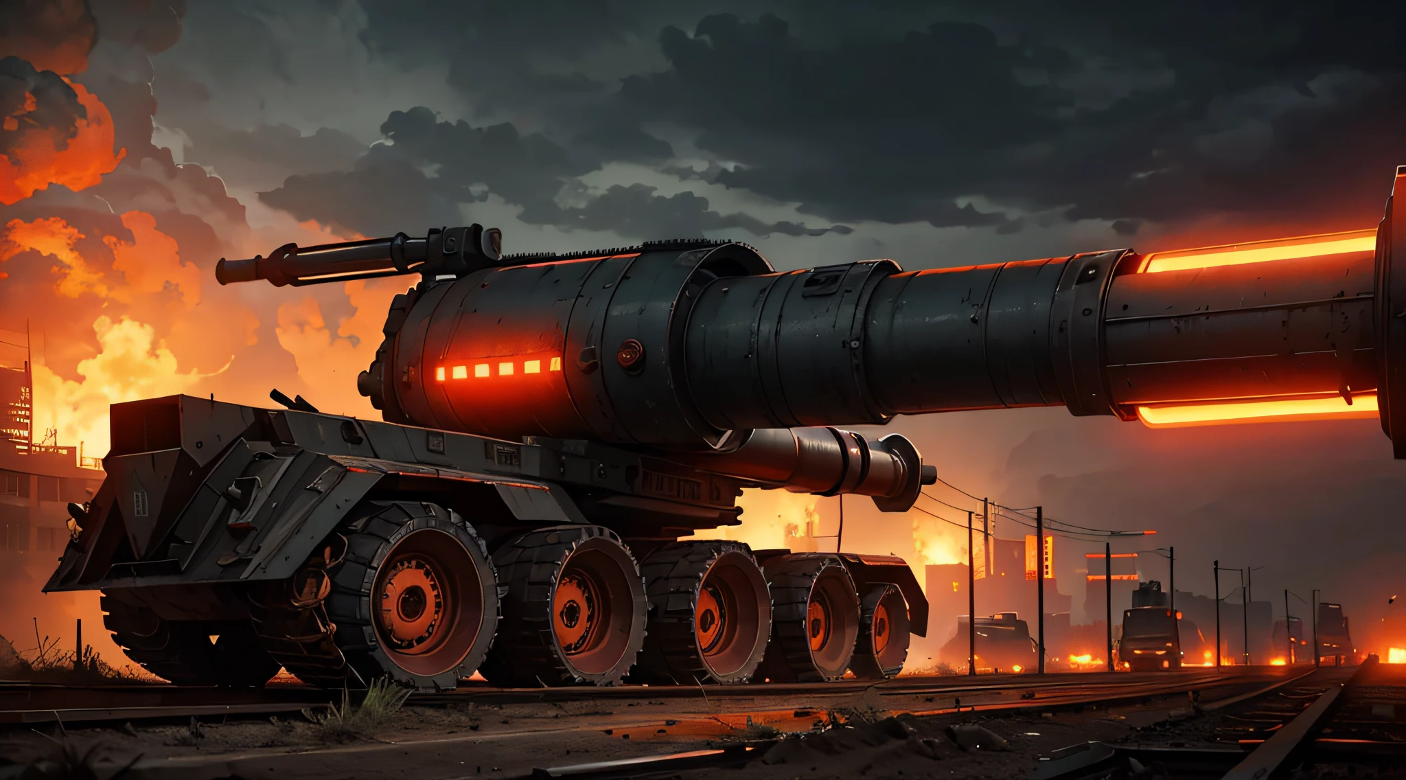 hopeless landscape, dystopic urban landscape, gigantic brutalistic steel noir artillery piece, terrifying weapon, long trunk, glowing red and orange siren lights, dark overcast sky, dust, hopeless art