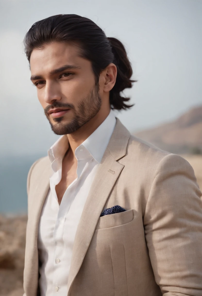 The character stands with straight arms., dark hair (Long hair, neck tied with a ponytail.), Good poses, Handsome Man, pretty face, Caucasian, bearded indian face, royal elegant pose, businessman, (In a striped blazer.), (The surrounding environment is an elegant and classic living room.) (Sand tone images)