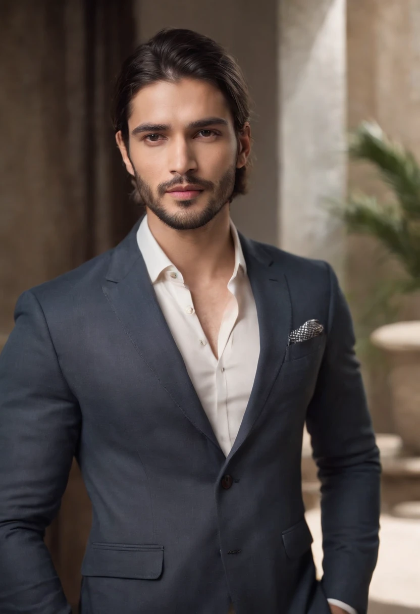 The character stands with straight arms., dark hair (Long hair, neck tied with a ponytail.), Good poses, Handsome Man, pretty face, Caucasian, bearded indian face, royal elegant pose, businessman, (In a striped blazer.), (The surrounding environment is an elegant and classic living room.) (Sand tone images)