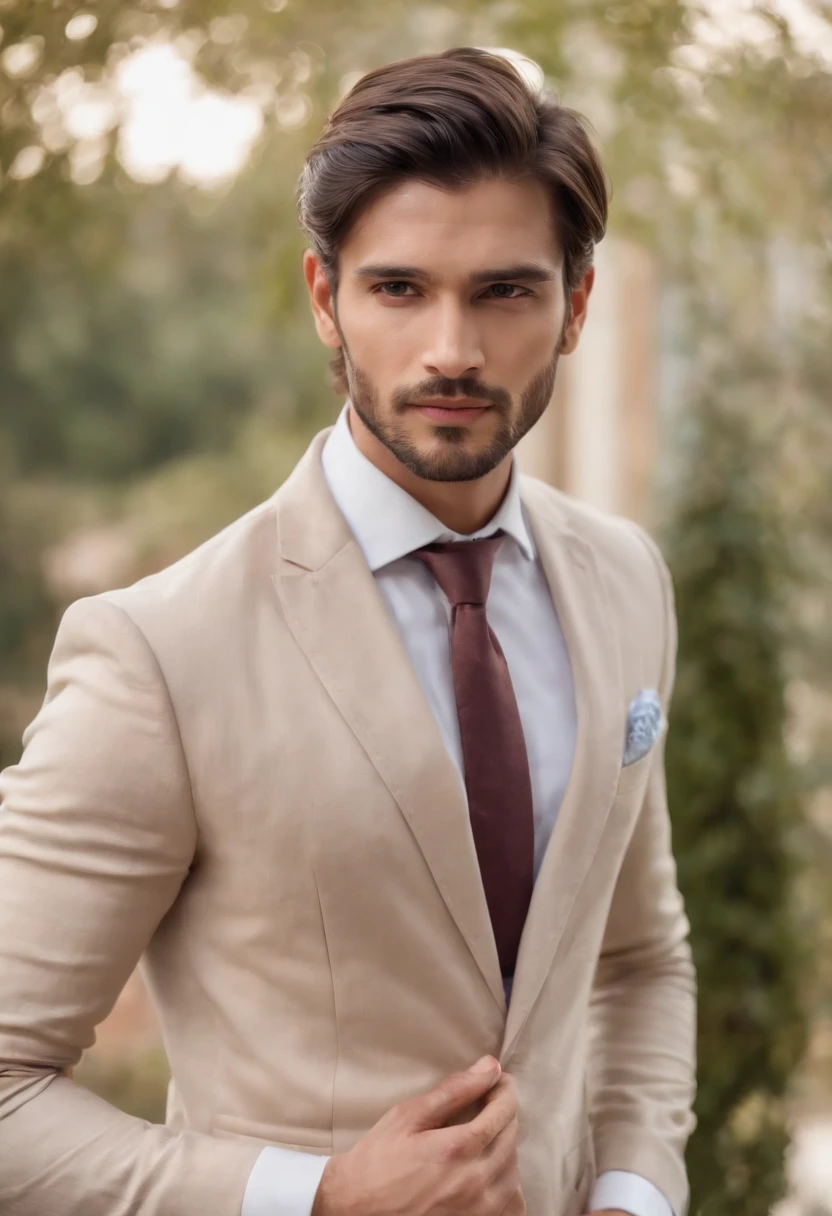 The character stands with straight arms., dark hair (Long hair, neck tied with a ponytail.), Good poses, Handsome Man, pretty face, Caucasian, bearded indian face, royal elegant pose, businessman, (In a striped blazer.), (The surrounding environment is an elegant and classic living room.) (Sand tone images)