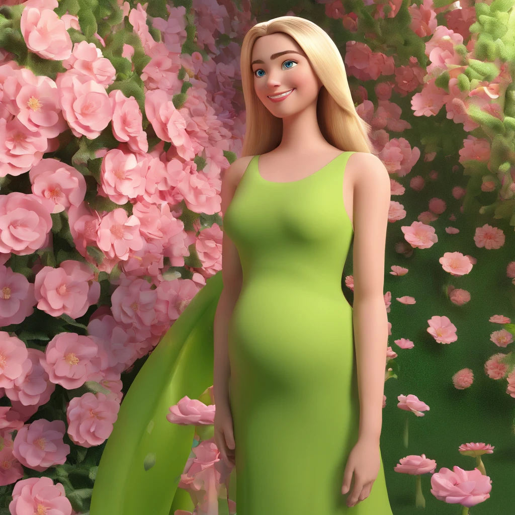 blonde woman, medium straight hair, pink cheeks, beautiful smile, vibrant green eyes, pink dress, full body, rich details, the woman is 25 years old, Girl is walking through the flower garden. disney pixar 3d cartoon, she is pregnant, round face