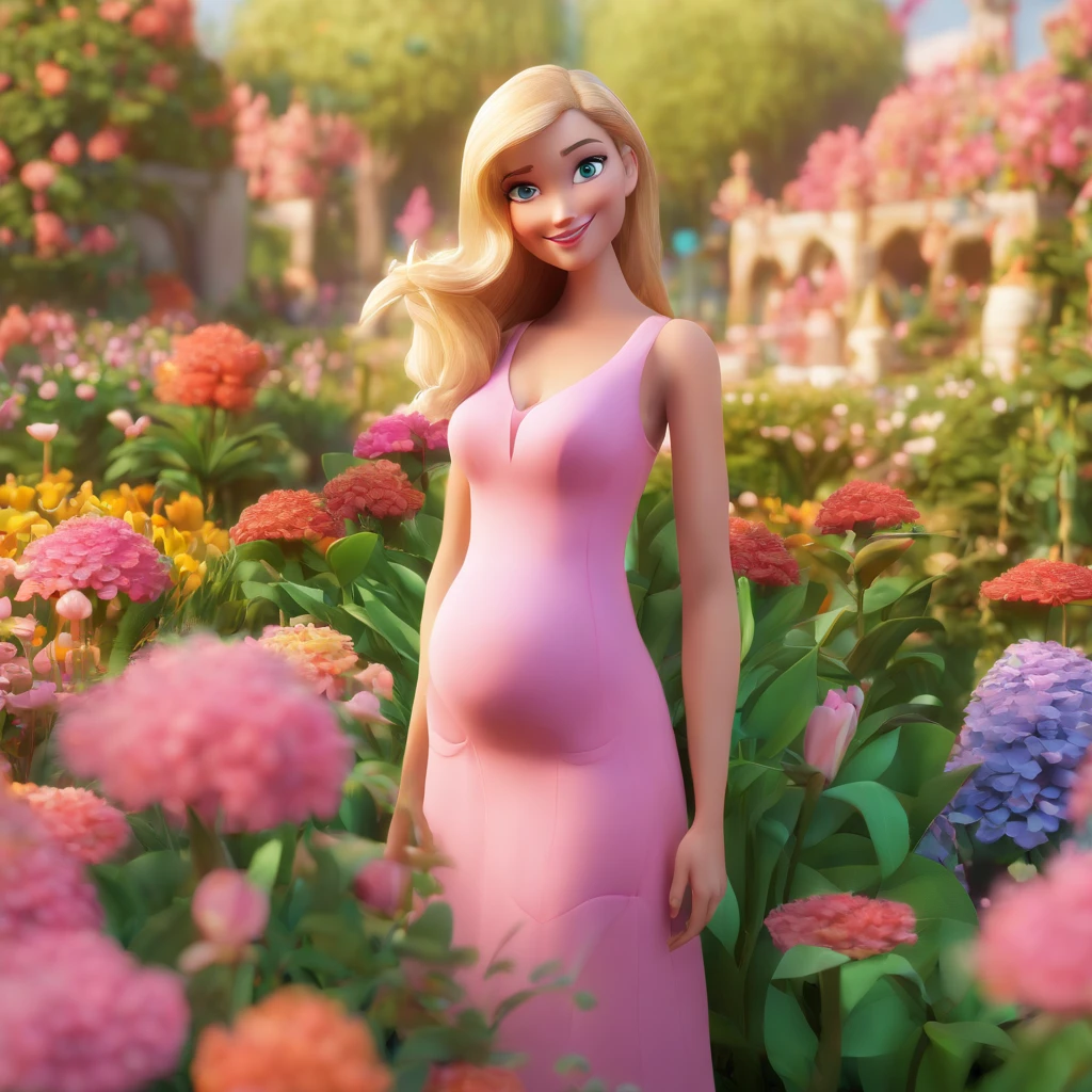 blonde woman, medium straight hair, pink cheeks, beautiful smile, vibrant green eyes, pink dress, full body, rich details, the woman is 25 years old, Girl is walking through the flower garden. disney pixar 3d cartoon, she is pregnant, round face