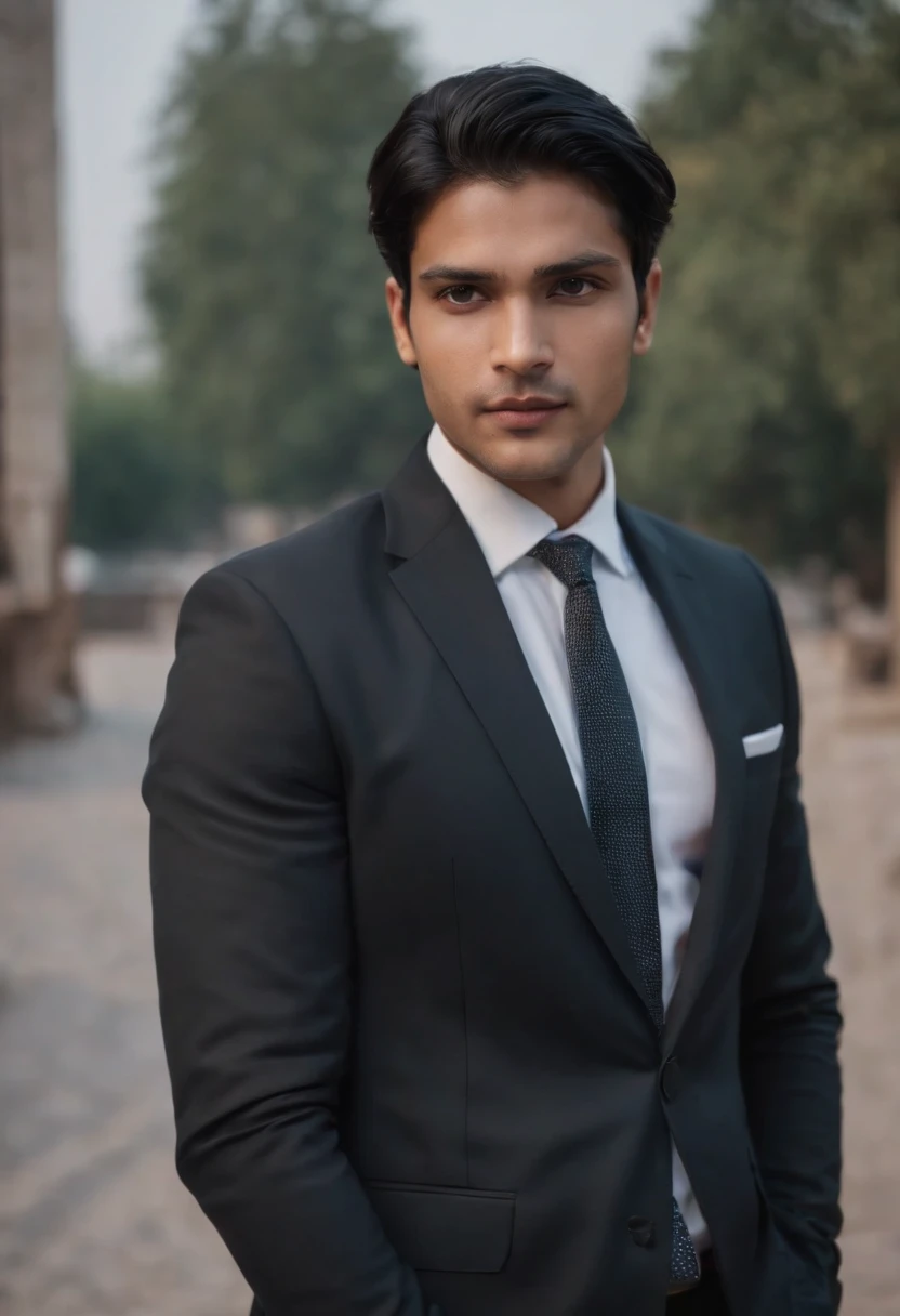 Interesting, 27-year-old athletic man with medium length black hair in a business suit boss Hugo in India.