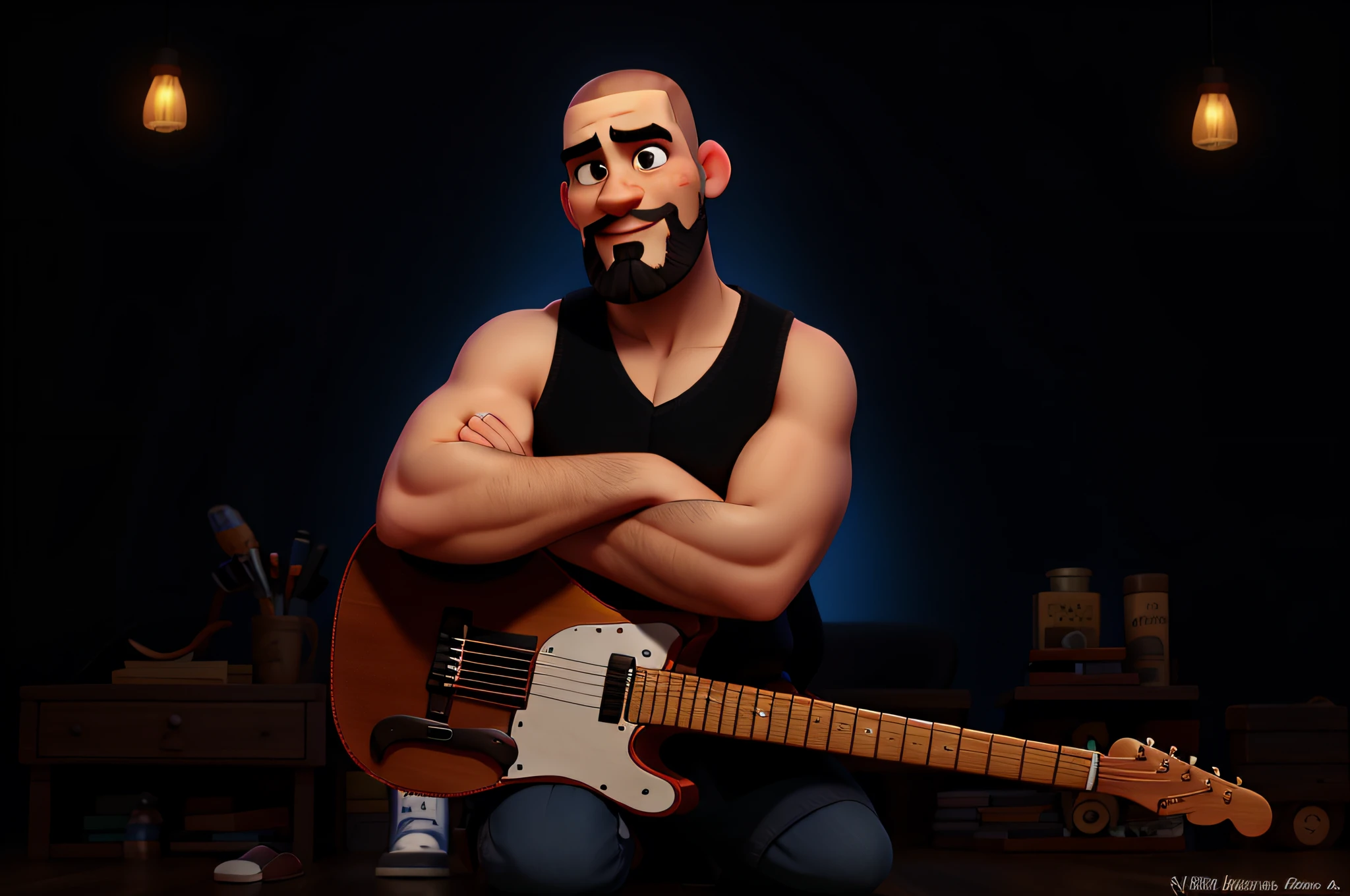 a man with a shaved head, barba e bigode estilo disney pixar. Alta qualidade, melhor qualidade