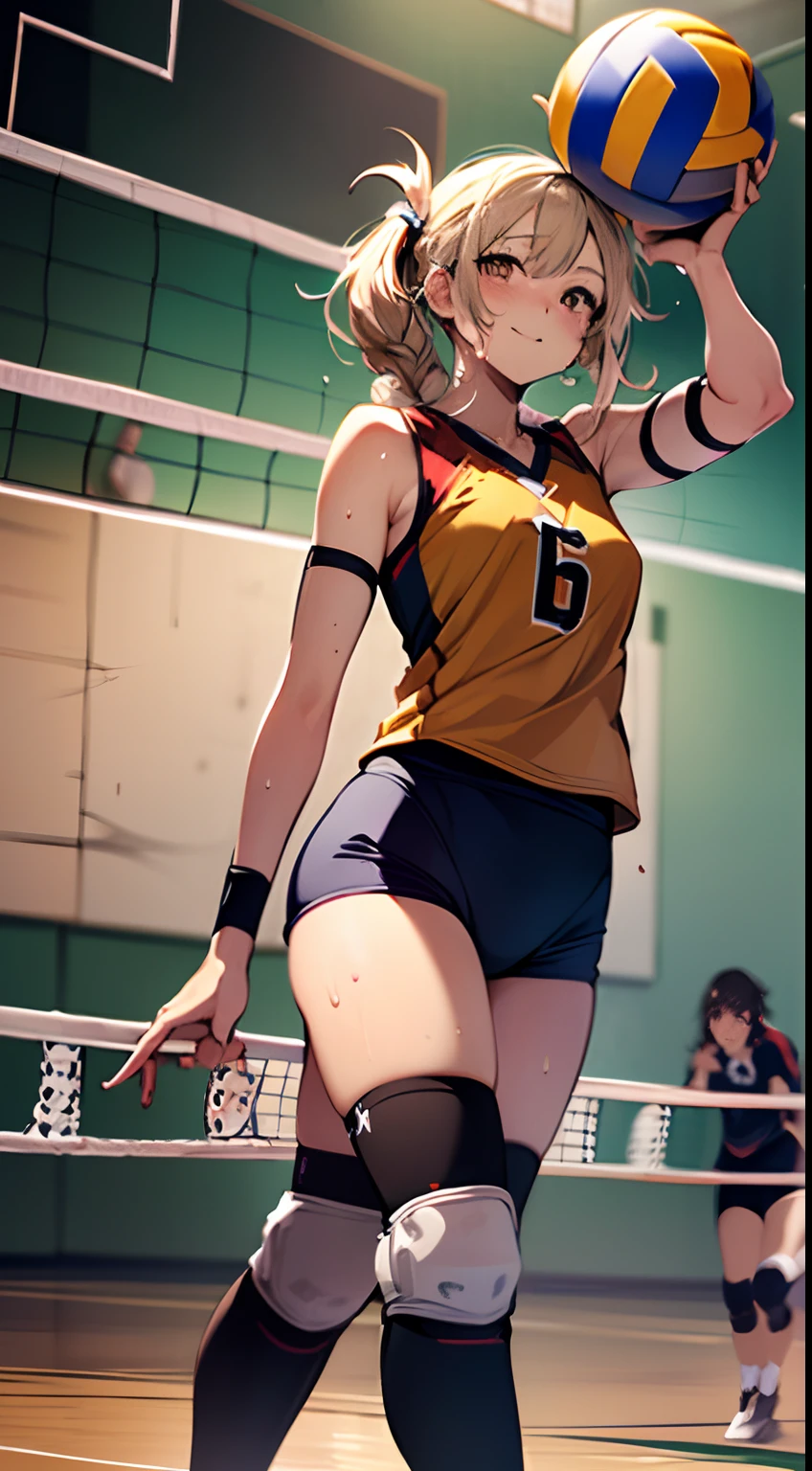 UHD, anatomically correct, 8k, (((masterpiece))), (((best quality))), (((ultra detailed))), (((high-resolution))), ((super fine illustration)), ((Ultimate cutie)), detailed beautiful face, solo, potbelly, ((curvy)), shiny hair, happy, smile, (blush),
BREAK, (((buruma))), ((sleeveless volleyball uniform)), ((elbow pad)), ((kneepad)), buruma, buruma, ((Volleyball stained with hand stains)),
BREAK, (((hold the spherical shape 6-inch volleyball in both hand))), ((sweat)), (perspired), (heavy breathing), sense of depth, in gymnasium, from below, looking at viewers, dynamic lighting