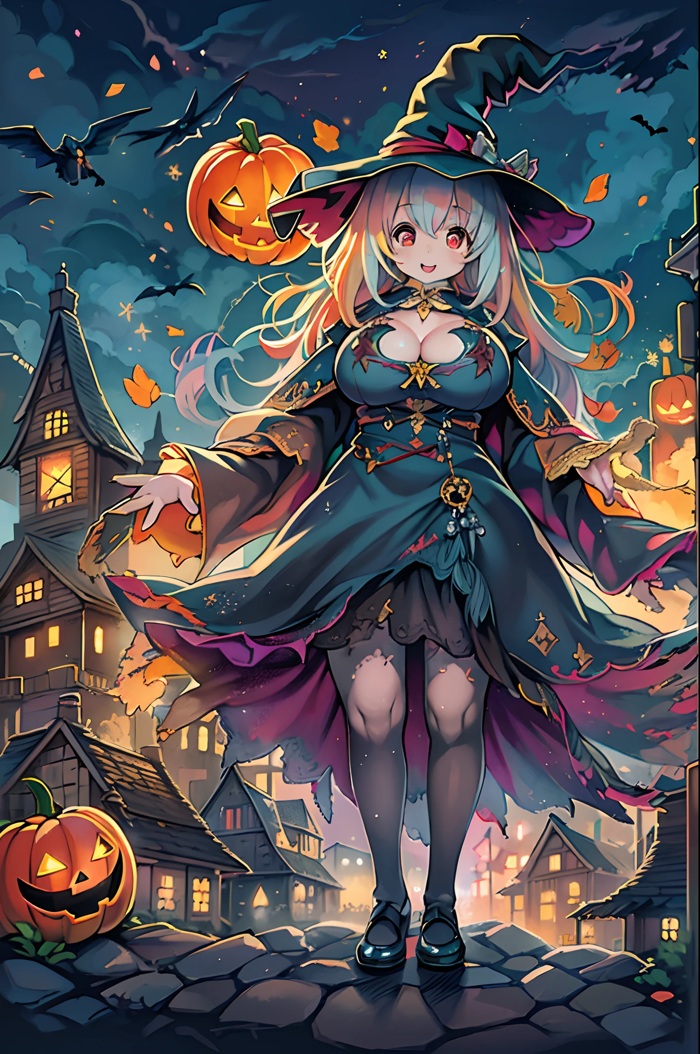 masutepiece, Best Quality, Charming Halloween 8 witch, Random coloring,2D, planar vector, T-shirt design, Colorful splashes, Fantasy Art, Watercolor effect,Digital Painting, white bg, 8K、night cityscape,bbw、huge-breasted