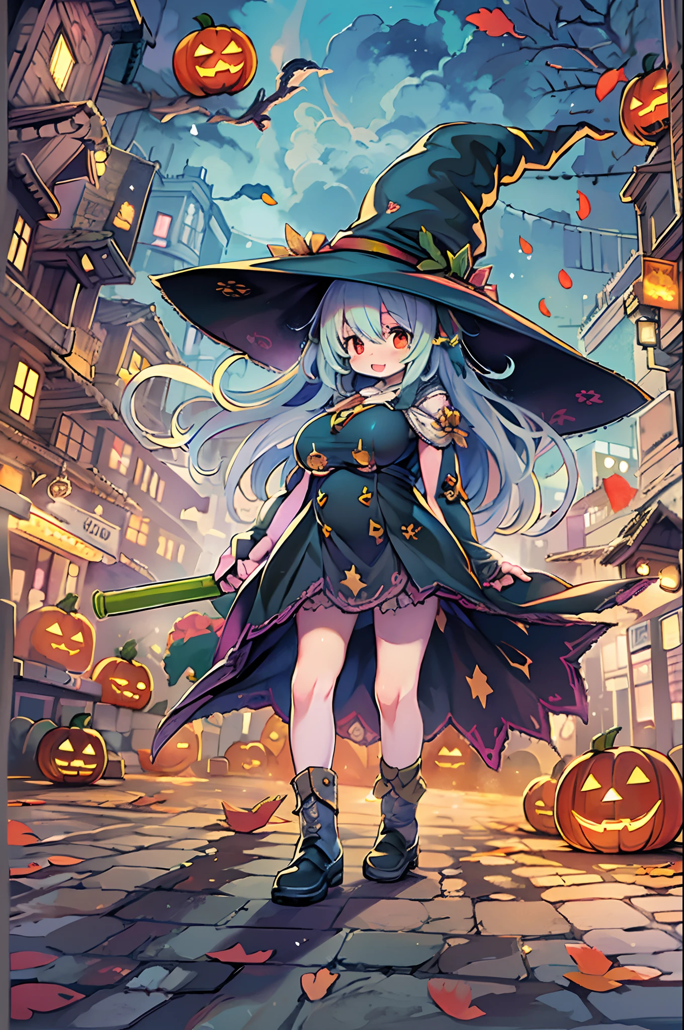 masutepiece, Best Quality, Charming Halloween 8 witch, Random coloring,2D, planar vector, T-shirt design, Colorful splashes, Fantasy Art, Watercolor effect,Digital Painting, white bg, 8K、night cityscape,bbw、huge-breasted