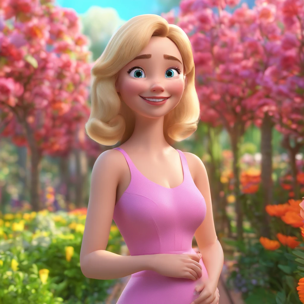 blonde woman, medium straight hair, pink cheeks, beautiful smile, vibrant green eyes, pink dress, full body, rich details, the woman is 25 years old, Girl is walking through the flower garden. disney pixar 3d cartoon, she is 9 months pregnant, fat face