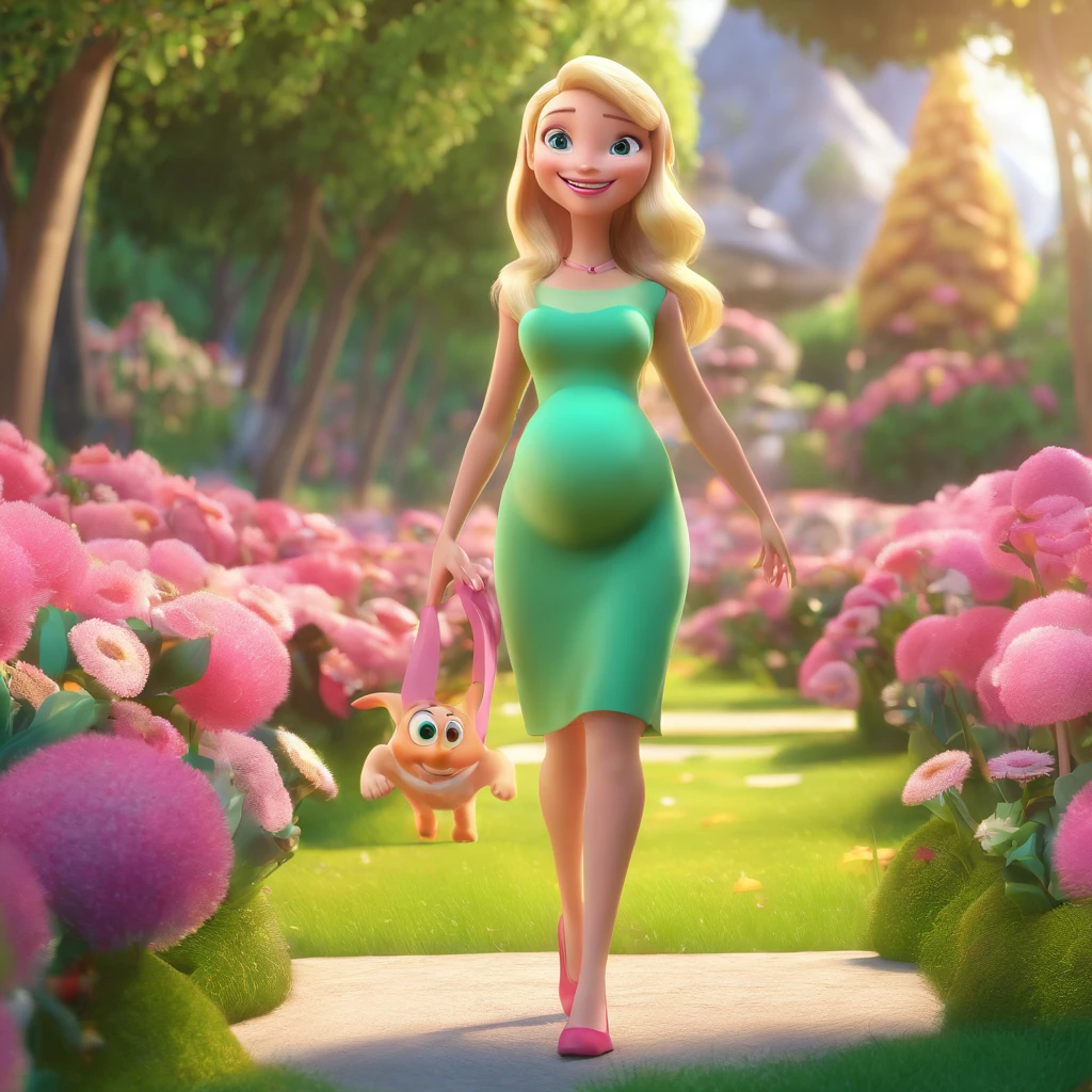 blonde woman, medium straight hair, pink cheeks, beautiful smile, vibrant green eyes, pink dress, full body, rich details, the woman is 25 years old, Girl is walking through the flower garden. disney pixar 3d cartoon, she is 9 months pregnant, fat face