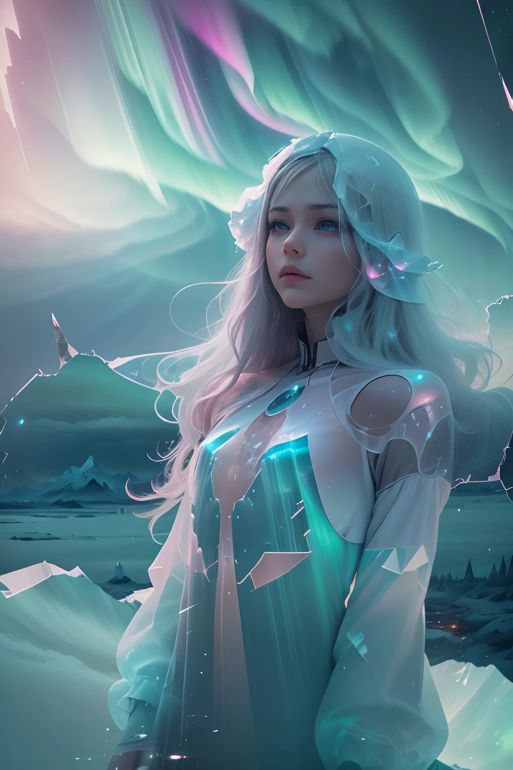 tmasterpiece, 4K, Hyper-Resolution, Optimal image resolution,aurora borealis,photography of,(Doubleexposure:1.8),A chaotic storm of aurora erupted in the transparent girl's brain,The transparent and ethereal girl's face blends with the aurora,Express your thoughts, Emotions and dreams in the surreal and magical Northern Lights landscape. Abstract portrait of a transparent girl,Northern Lights landscape,Epic surrealist style,Epic dreamy style,epic digital art illustration,Epic arctic landscapes