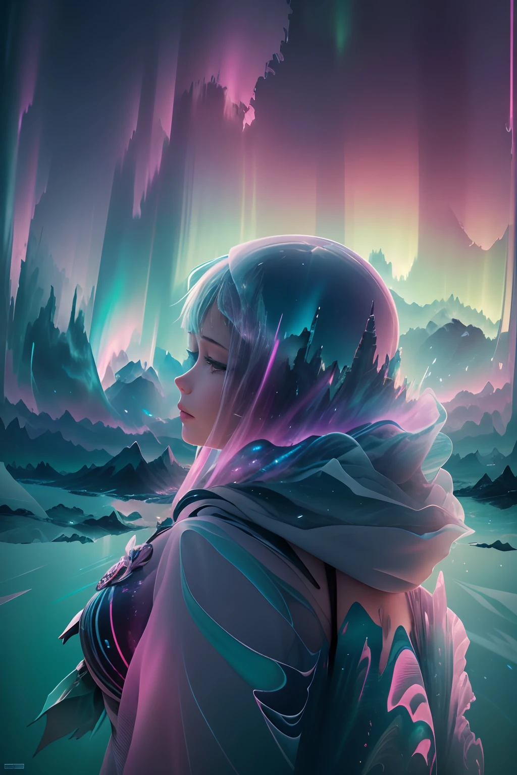 tmasterpiece, 4K, Hyper-Resolution, Optimal image resolution,aurora borealis,photography of,(Doubleexposure:1.8),A chaotic storm of aurora erupted in the transparent girl's brain,The transparent and ethereal girl's face blends with the aurora,Express your thoughts, Emotions and dreams in the surreal and magical Northern Lights landscape. Abstract portrait of a transparent girl,Northern Lights landscape,Epic surrealist style,Epic dreamy style,epic digital art illustration,Epic arctic landscapes