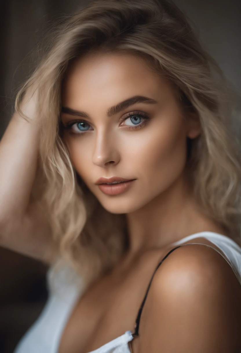 woman with matching tank top and panties, fille sexy aux yeux bleus, Portrait Sophie Mudd, Portrait de Corinna Kopf, cheveux blonds et grands yeux, selfie of a young woman, ohne Maquillage, maquillage naturel, Look directly into the camera, Visage avec Artgram, dezentes Maquillage, Superbe photo du corps entier, dans la chambre, gros seins, Blonde, Latin
