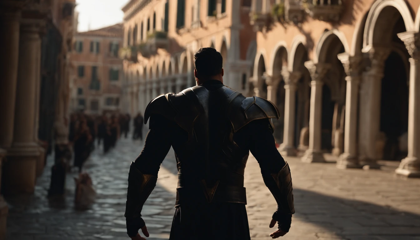 An opponent wearing black armor faces the Hulk and Wonder Woman in Venice, black hair, Social realism, Hyperrealism, cinematic lighting, high details, masterpiece, best quality, high quality, 4K, super detail, retina, 8k, UHD, ccurate, anatomically correct, super detail, high details, high quality, best quality, highres, HD, HD, HD, HD