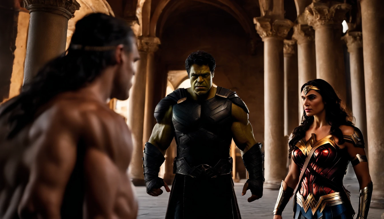 An opponent wearing black armor faces the Hulk and Wonder Woman in Venice, black hair, Social realism, Hyperrealism, cinematic lighting, high details, masterpiece, best quality, high quality, 4K, super detail, retina, 8k, UHD, ccurate, anatomically correct, super detail, high details, high quality, best quality, highres,
