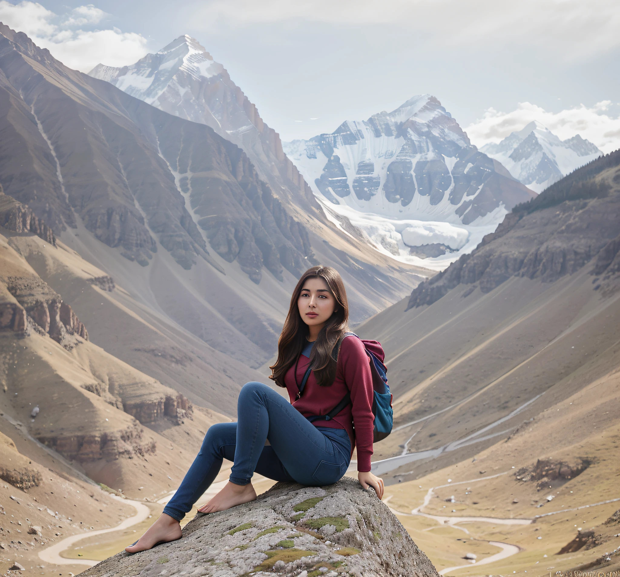 Araffe sitting on a rock in the mountains with a backpack, sitting cutely on a mountain, up in the mountains, cuerpo atletico, cuerpo musculoso, Hermosa mujer del Himalaya, Maya Ali Hechicero del Viento, on mountain, Hermosa joven del Himalaya, Maya Ali, sentado en una roca, con un aspecto encantador, Joven mujer del Himalaya, A mountain looks like a woman, Mahira Khan como Mago