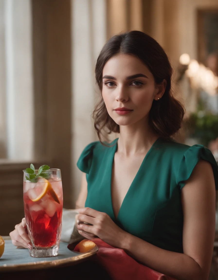 A young woman sits at table with roses and cocktails, estilizado em vermelho claro e cores esmeralda clara, imagem bem-humorada, Wimmelbilder, Close-up