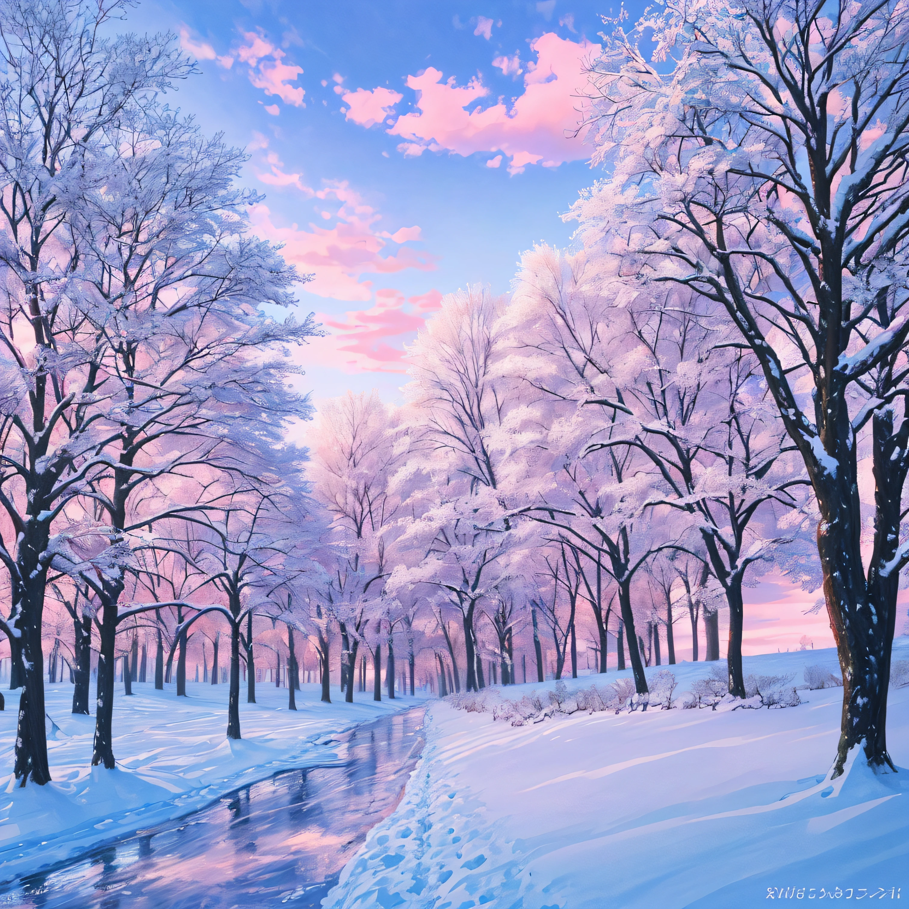 (Best Quality, Masterpiece) Beautiful, Snowy landscapes, warm, pale pink, Another winter tree, Bright color, Bright, blue skies, covered with clouds, The Spirit of Hope, Calm and peaceful landscape.