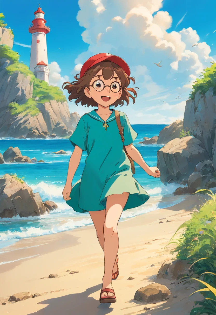 Na praia, Three children are involved in an exciting adventure. A boy with brown hair is wearing a red cap and a beaming smile while holding a treasure map. Ao seu lado, A girl with blonde braids is wearing a beautiful blue dress and looking at the map with a curious expression on her face.
Pulando animadamente nas proximidades, There's a little boy with goosebumps and a green T-shirt. He's holding a treasure chest with excitement, Can't wait to find out what's inside. E, observando toda a cena, There's a little girl with curly hair, glasses and a colorful skirt. She holds up binoculars and points to a majestic lighthouse in the background, indicating that there are more adventures to be explored.
The surrounding environment is stunning. A praia tem areia dourada e o mar brilha sob o sol do dia ensolarado. The sky is clear blue, providing a perfect backdrop for this exciting treasure quest.