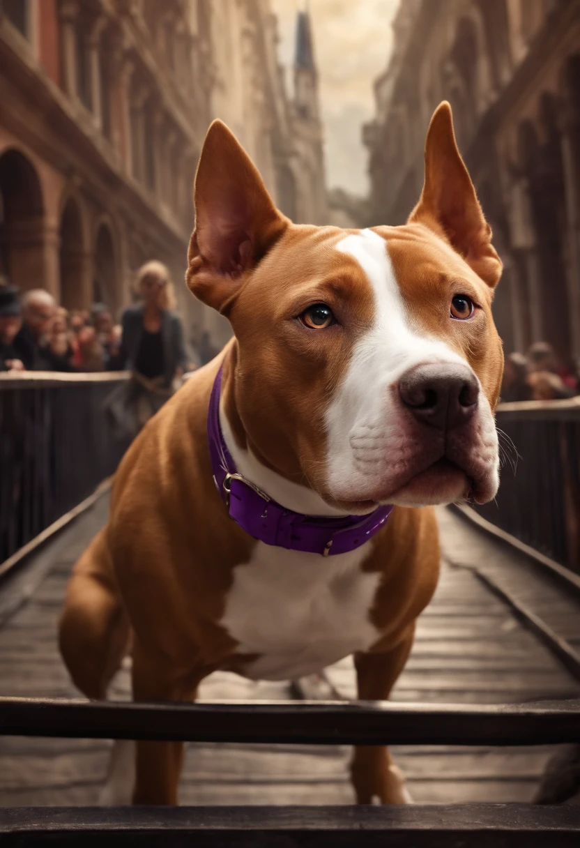 Create a Disney poster, with a tan pitbull with a w white chest in a dark purple collar, dog, friend, faithful, companion with the title "TORINO", parading down a catwalk