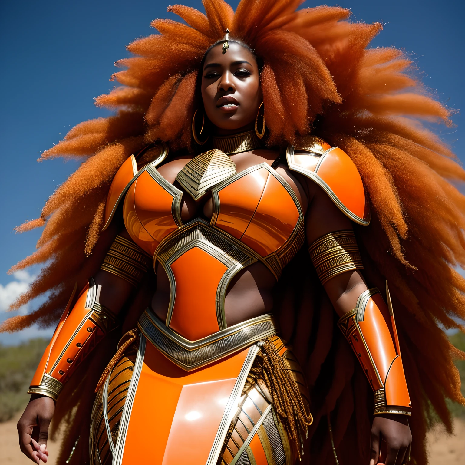 (8k, photo, best quality, masterpiece: 1.5), afrofuturistic clothes, thick body, ultra-detailed, photorealistic, african goddess of war wearing orange and white armor, dark skin and afro hair, holding a sword and shield, intricate details, war camp background, beautiful face, fat, thick body, Black Woman of 30 years old hunter and warrior, orange and white futuristic african war armor, massive armor with traditional african details, african details, afrofuturism, action pose, red color details, fire particles, thick body, african luxury jewelry, orisha, thick body, military camp in fire