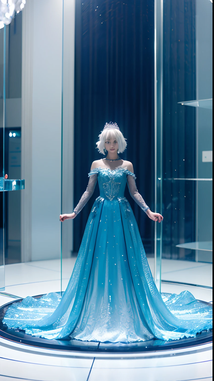 On the table is a blue dress in a glass dome, A museum masterpiece, in a dress made of water, The Queen in the Glass Prison, Dress made of water, in a plastic blue dress, Rei Kawakubo - Artworks, blue dress, statue made of glass, person, Made of glass, hologram, hovering around her, Glass Dome, Ceremonial dress