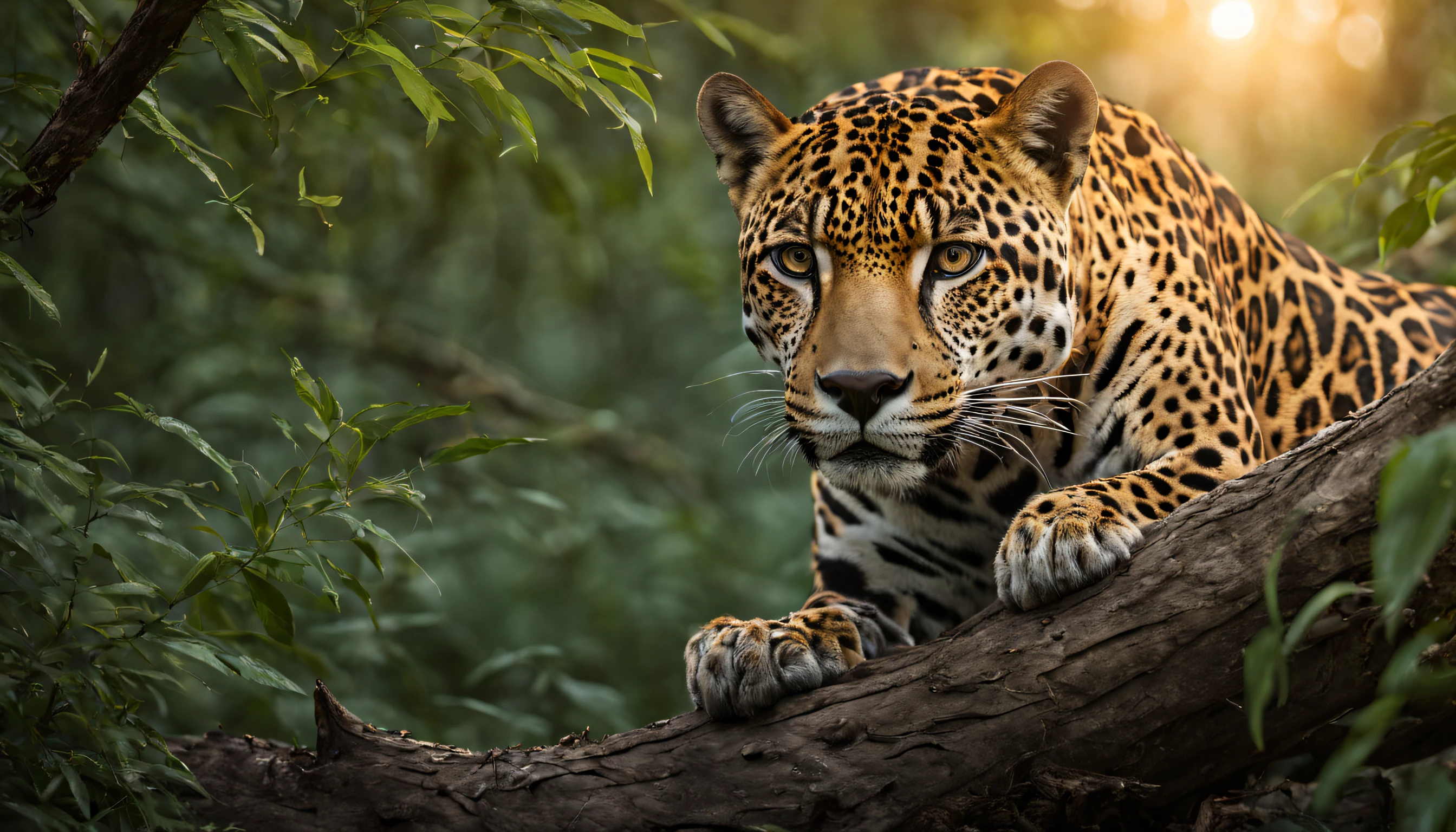 Photo of a jaguar lurking among branches and leaves watching an alligator in the National Geographic Award-winning wildlife river | rocky mountain forest on a sunset day | full body view | highly detailed | high resolution | looking at the viewer with an intense gauze | predatory | hyper detailed eyes | sharp focus | natural light