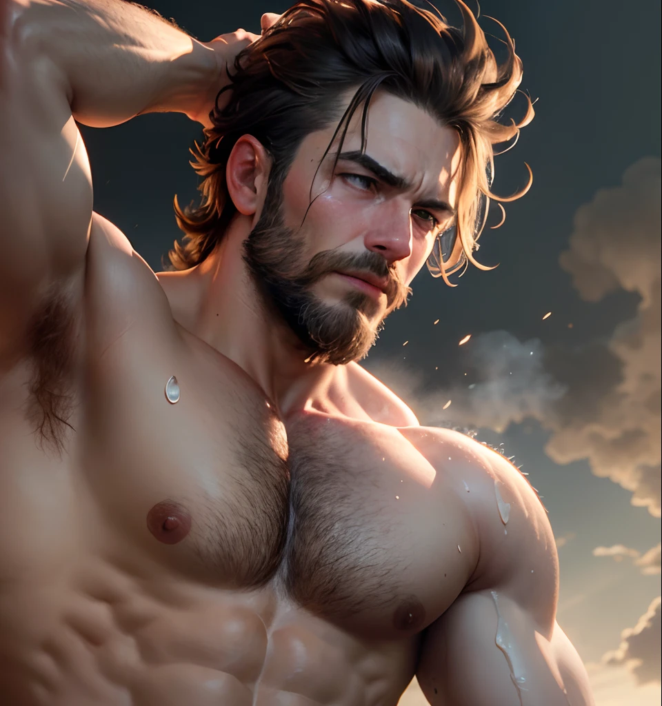 (best quality,highres,masterpiece:1.2),ultra-detailed,bearded man with unruly hair,shirtless man sweating profusely,stark lighting,moisture glistening on the skin,armpits in focus, a cloud of steam rising from the armpits, intense aroma filling the air, a sense of anticipation and desire, shades of warm tones highlighting the scene.