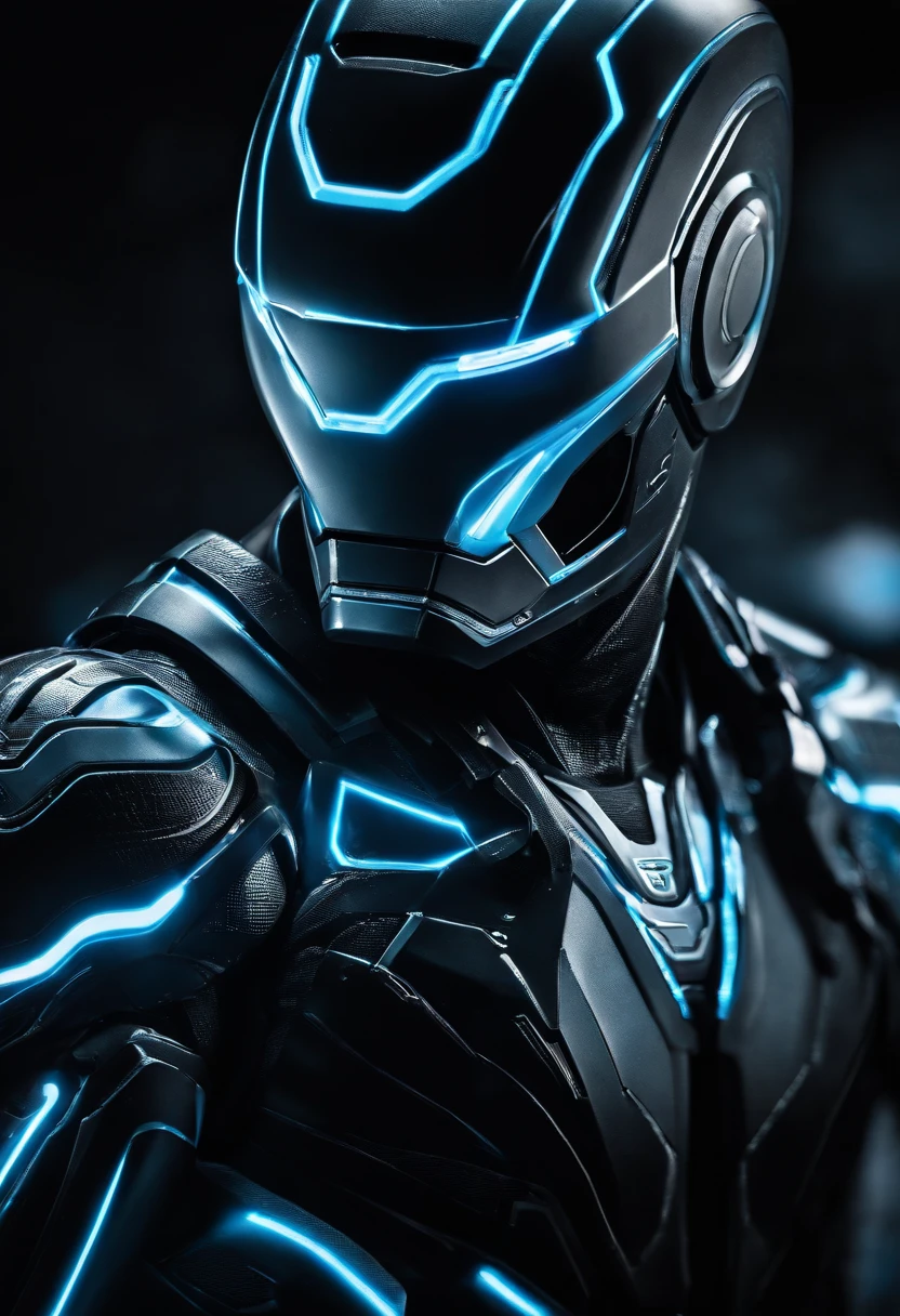 Tron Combined with Ironman, tron legacy, battle pose, crystal clear image, intricate details, close up, battle scars, black and blue themed, simulation world