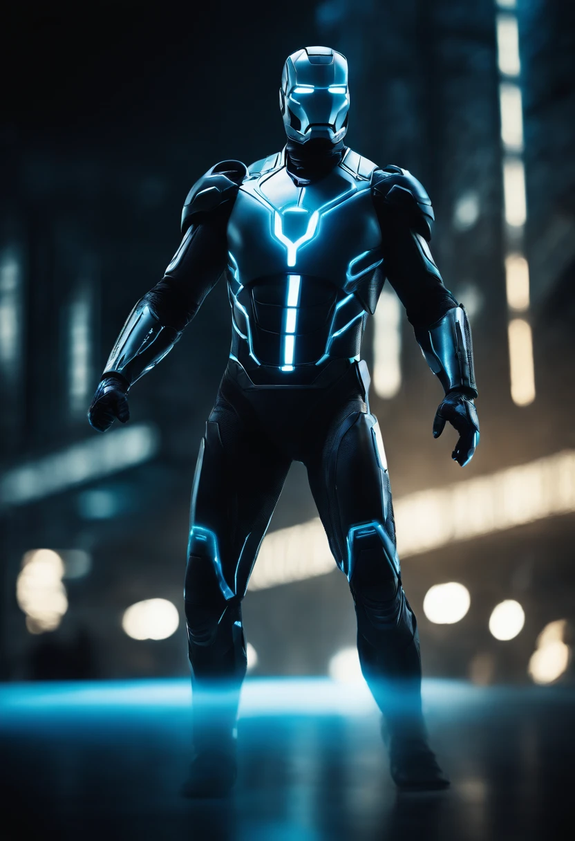 Tron Combined with Ironman, tron legacy, battle pose, crystal clear image, intricate details, close up, battle scars, black and blue themed, simulation world