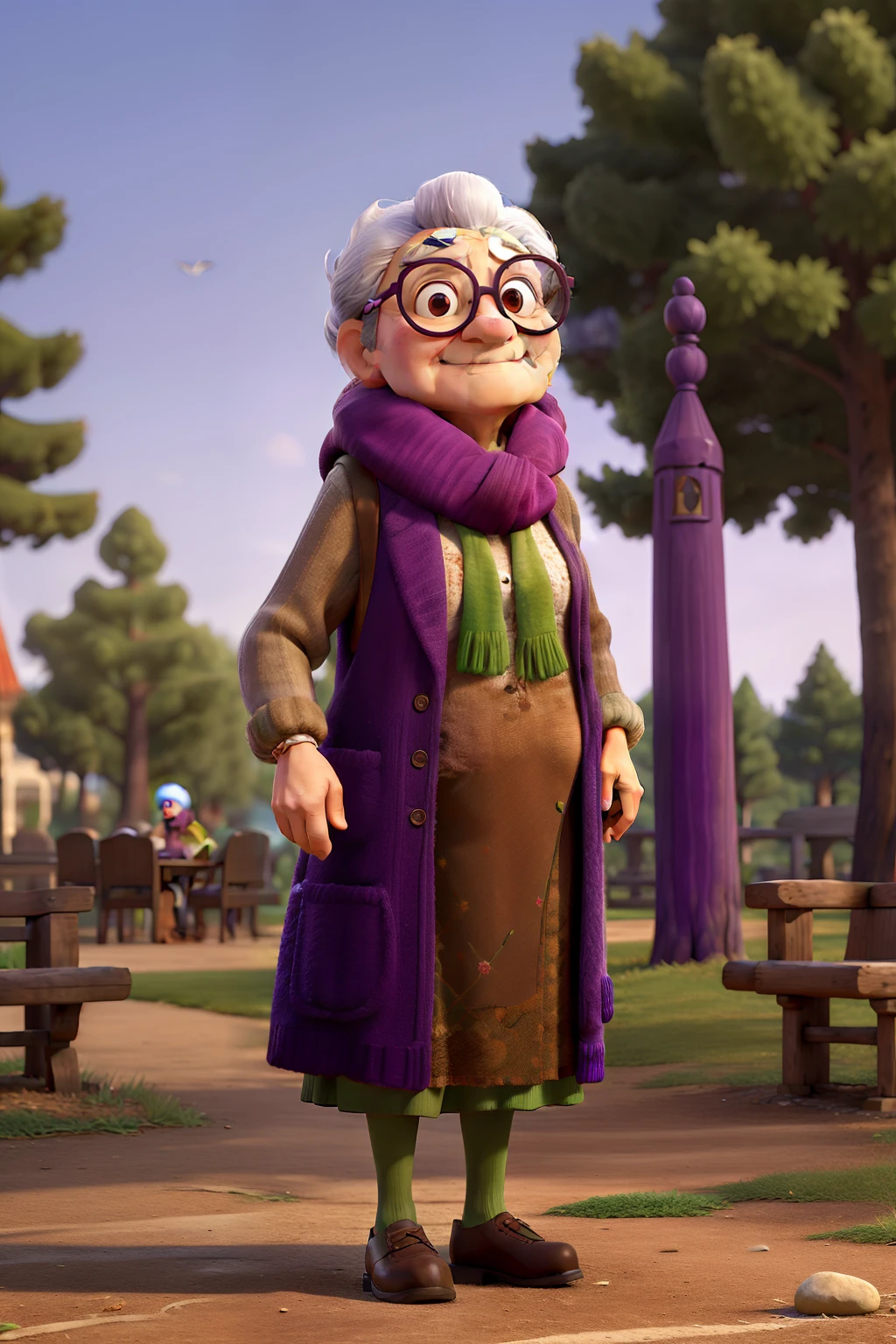 masterpiece, best quality, an old woman with glasses and a scarf on, wearing a purple coat and green scarf, standing at the park