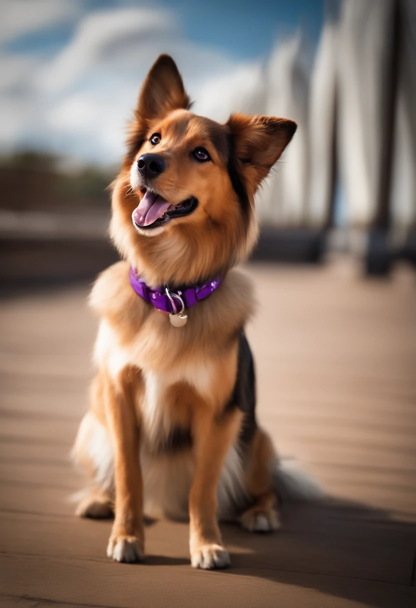 dog, tan with white chest, dark purple collar, energetic, playful, smiling, wagging tail, happy expression, fluffy fur, large ears, shining eyes, loyal, cute, adorable, animated-style, Disney poster, vibrant colors, dynamic pose, confident stride, catwalk, spotlight, runway, audience cheering, starry background, magical atmosphere, title "ANGUS"