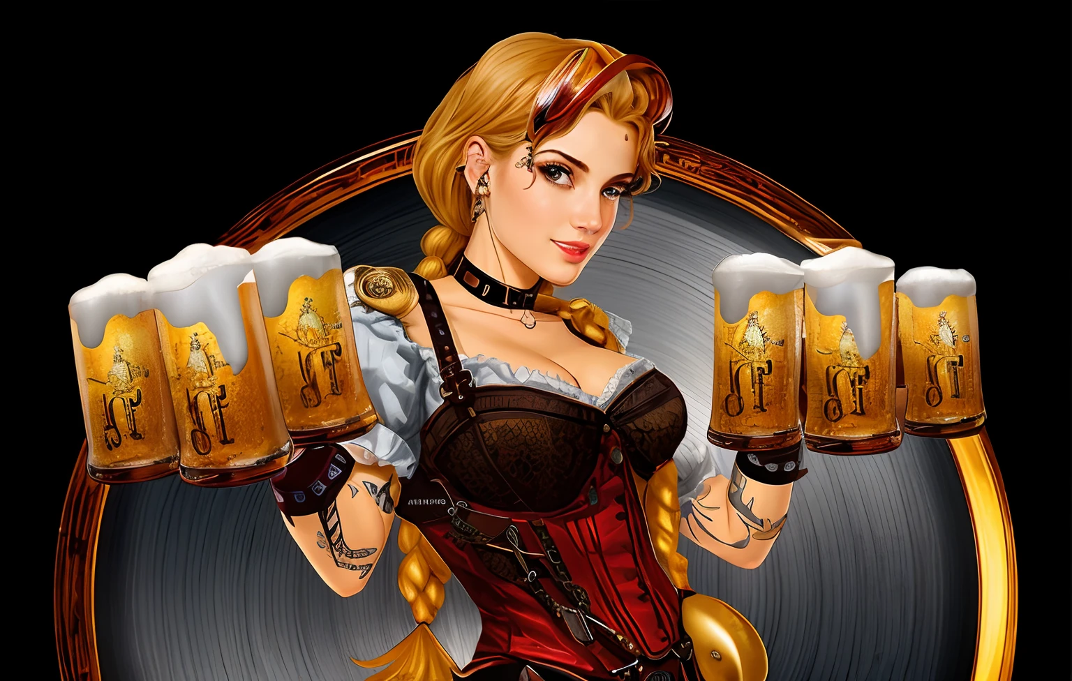 mulher loira em um espartilho segurando duas canecas de cerveja, OutubroFest, steampunk pin-up , Artgasm, cerveja, ( waitress ) garota, color digital illustration, Cartaz do Octoberfest, beer advertisement, Directed by: Bernd Fasching, steampunk mulher anime bonita, digital illustration -, hd illustration, soda themed girl, segurando cerveja, meninapunk