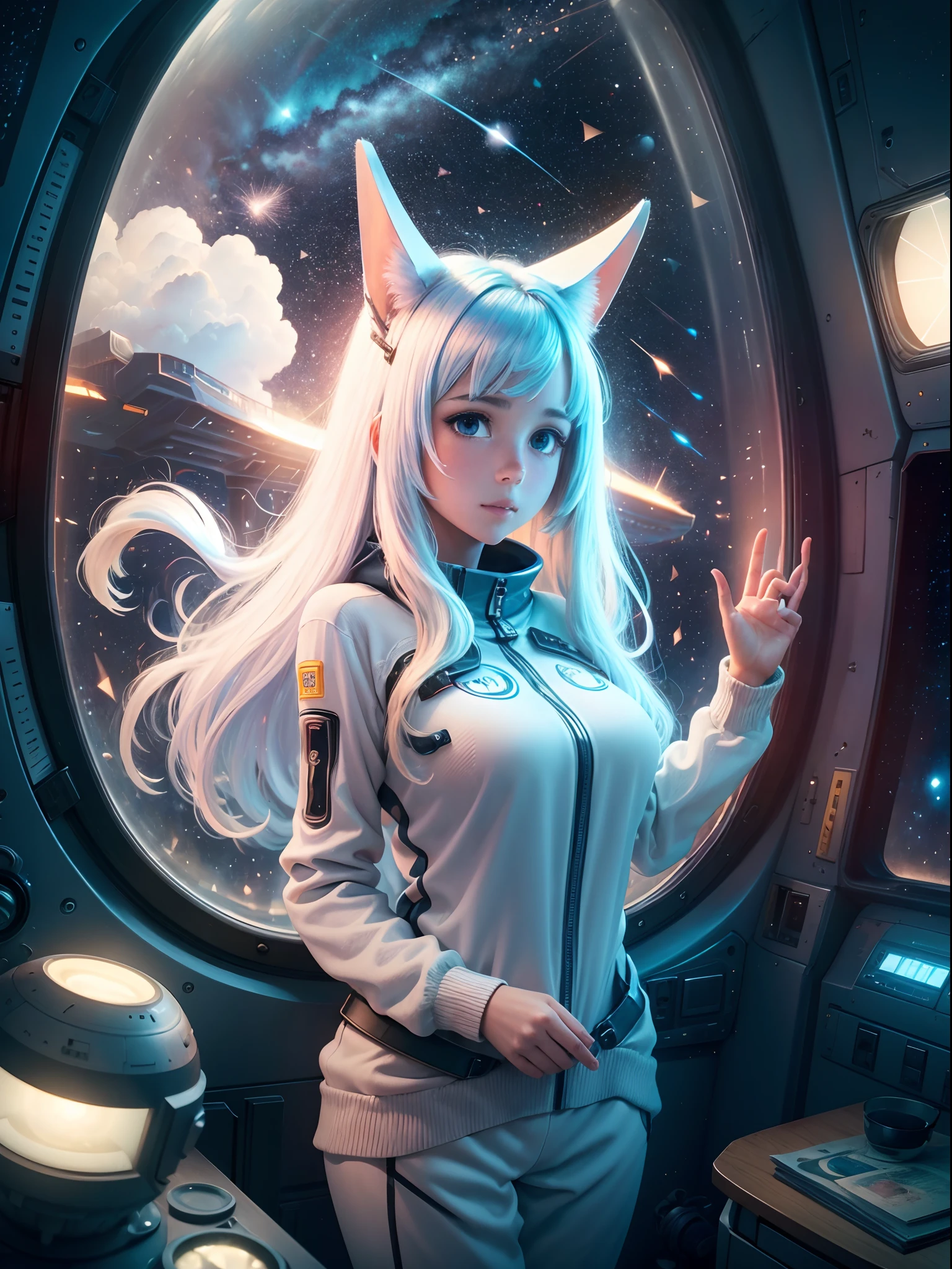 ((best qualtiy)), ((tmasterpiece)), ((ultra - detailed)), (illustratio), (anime big breast),(Detailed light), (Extremely refined and beautiful), ((A cute girl with bunny ears sits in a spaceship,His face was filled with excitement and anticipation,Lying on the window with his hands,looks out the window,Outside the window is the vastness of the universe:1.2)),((cowboy lens)),((The Cosmic Observatory is based on a large screen)), standing on your feet,Full body photo, Stylish white sweatshirt, Stylish white sweatpants, (beautidful eyes), long white hair, Colored inner hair,(A spaceship cockpit full of technology),outerspace, planetes,stellar,Starcloud,milky ways, Negative space, Detailed background --auto