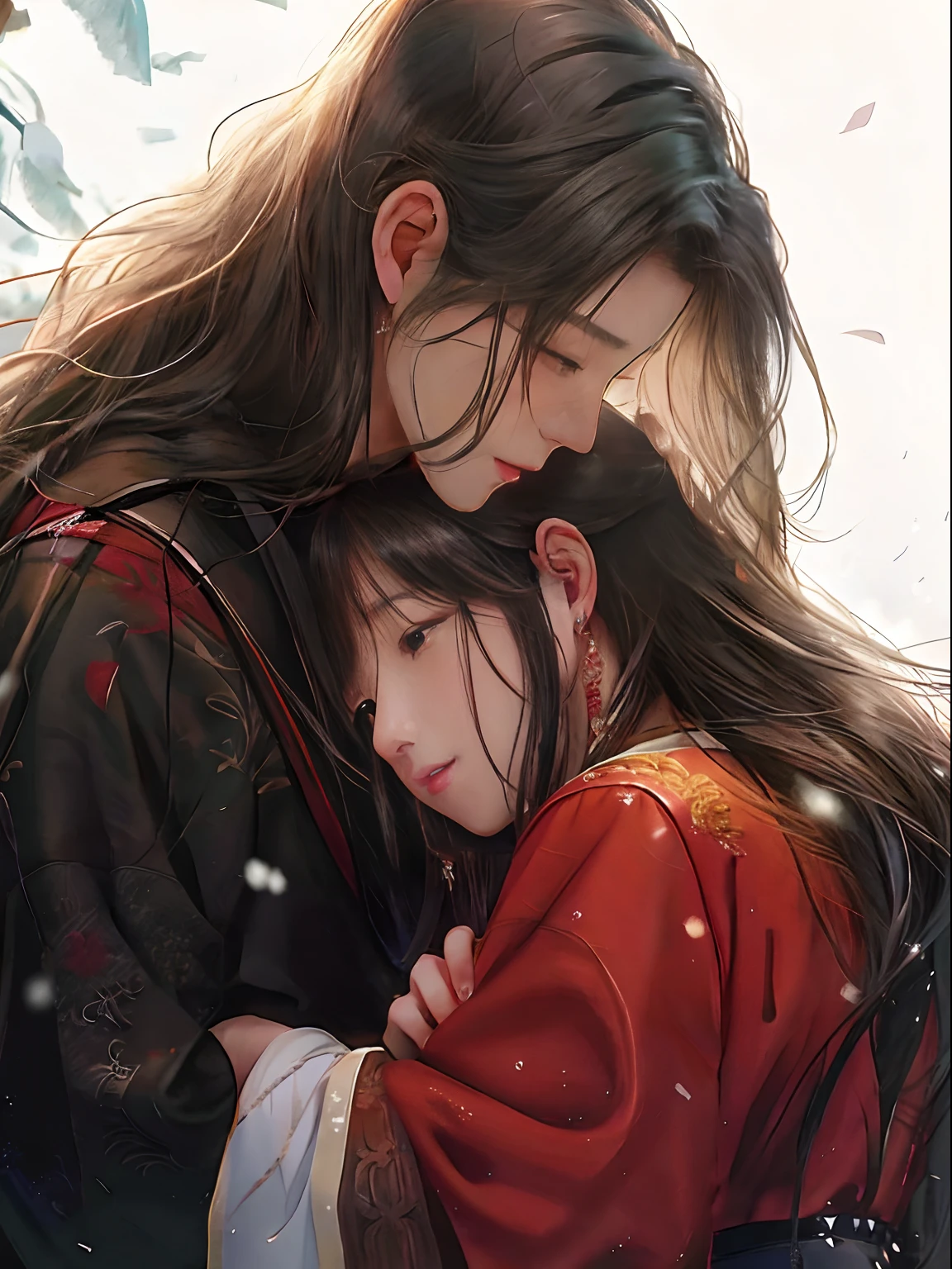 anime, a couple of people hugging each other in the snow, by Yang J, by Ye Xin, by Ni Tian, by Qu Leilei, artwork in the style of guweiz, by Leng Mei, by Chen Lin, flowing hair and long robes, by Li Song, by Dai Xi, by Ni Duan, guweiz, by Tang Yifen