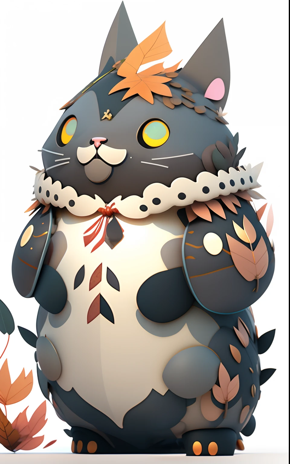 The render features a cartoon character with a bush on his head,There are paper crafts with a cat and a cat with leaves, Cute detailed digital art, cat detailed, fat chibi grey cat, character art closeup, Great character design, Official concept art, 3 d render official art, official character art, cute detailed artwork, Sora as a cat, anime visual of a cute cat, official character illustration, official render