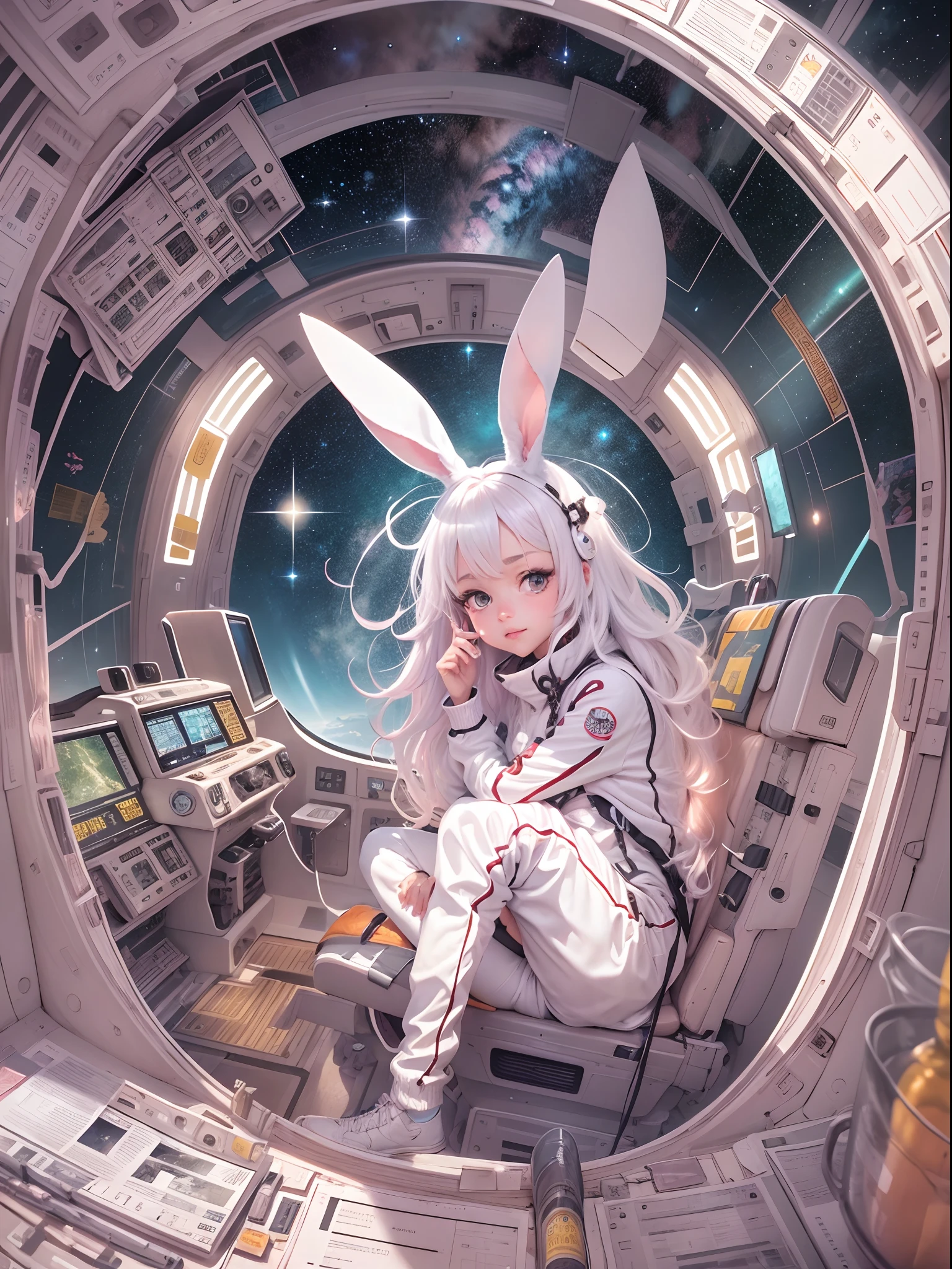 （（best qualtiy））， （（tmasterpiece））， （（ultra - detailed））， （illustratio）， （Detailed light）， （Extremely refined and beautiful）， （（A cute girl with bunny ears sits in a spaceship，His face was filled with excitement and anticipation，Lying on the window with his hands，looks out the window，Outside the window is the vastness of the universe：1.2）），（（cowboy lens）），（（The Cosmic Observatory is based on a large screen））， standing on your feet，Full body photo， Stylish white sweatshirt， Stylish white sweatpants， （beautidful eyes）， long  white hair， Colored inner hair，（A spaceship cockpit full of technology），outerspace， planetes，stellar，Starcloud，milky ways， Negative space， Detailed background
