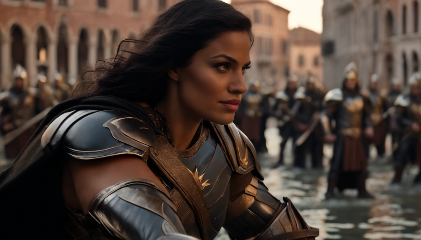 An opponent wearing black armor faces the Hulk and Wonder Woman in Venice, black hair, Social realism, Hyperrealism, cinematic lighting, high details, masterpiece, best quality, high quality, 4K, super detail, retina, 8k, UHD, ccurate, anatomically correct, super detail, high details, high quality, best quality, highres,