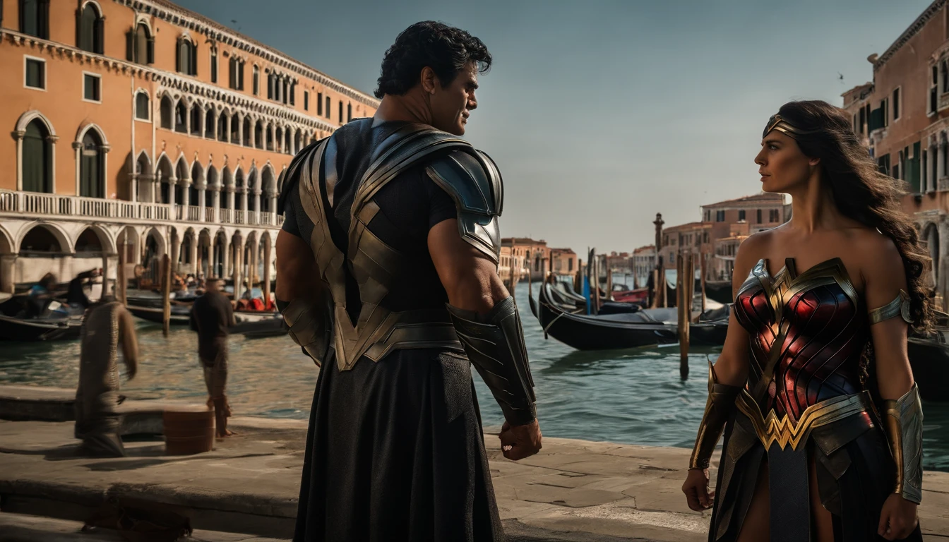 An opponent wearing black armor faces the Hulk and Wonder Woman in Venice, black hair, Social realism, Hyperrealism, cinematic lighting, high details, masterpiece, best quality, high quality, 4K, super detail, retina, 8k, UHD, ccurate, anatomically correct, super detail, high details, high quality, best quality, highres,