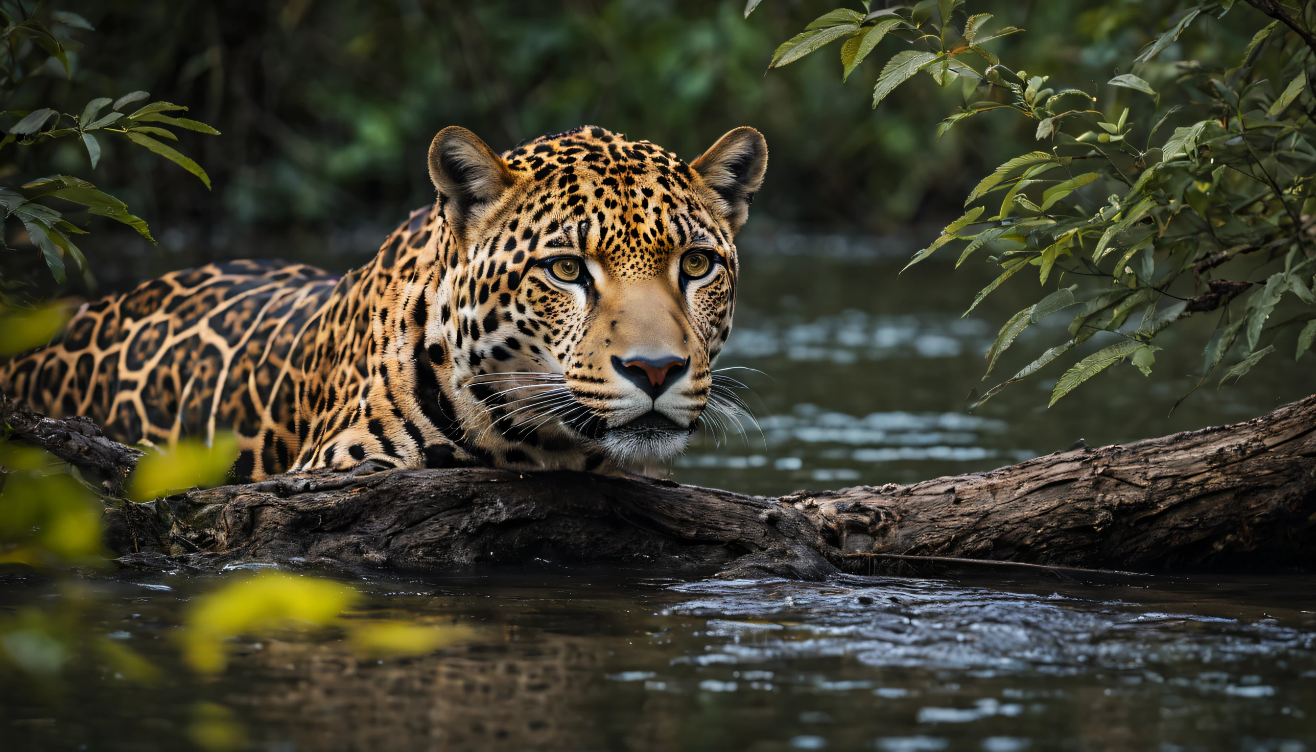 Photo of a jaguar lurking among branches and leaves watching an alligator in the National Geographic Award-winning wildlife river | rocky mountain forest on a sunset day | full body view | highly detailed | high resolution | looking at the viewer with an intense gauze | predatory | hyper detailed eyes | sharp focus | natural light