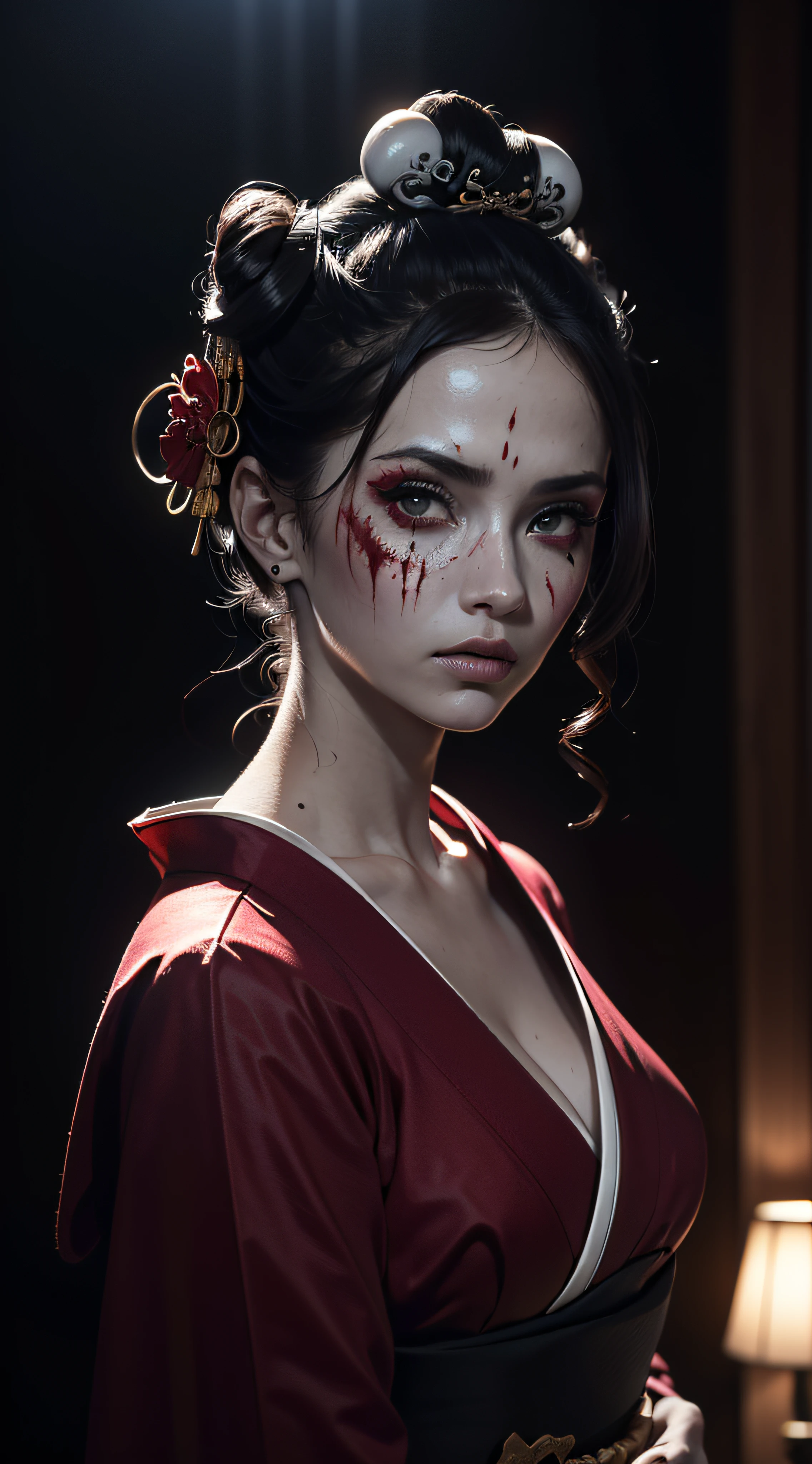 "(The best lighting, oscuro, dramatic),(geisha escupiendo espaguetis con tinta roja calavera alien, Cicatrices, sexy, cerebro, sangre, una rata dentro de la cabeza, terror.),(ojos rojos, calaveras). morning light.