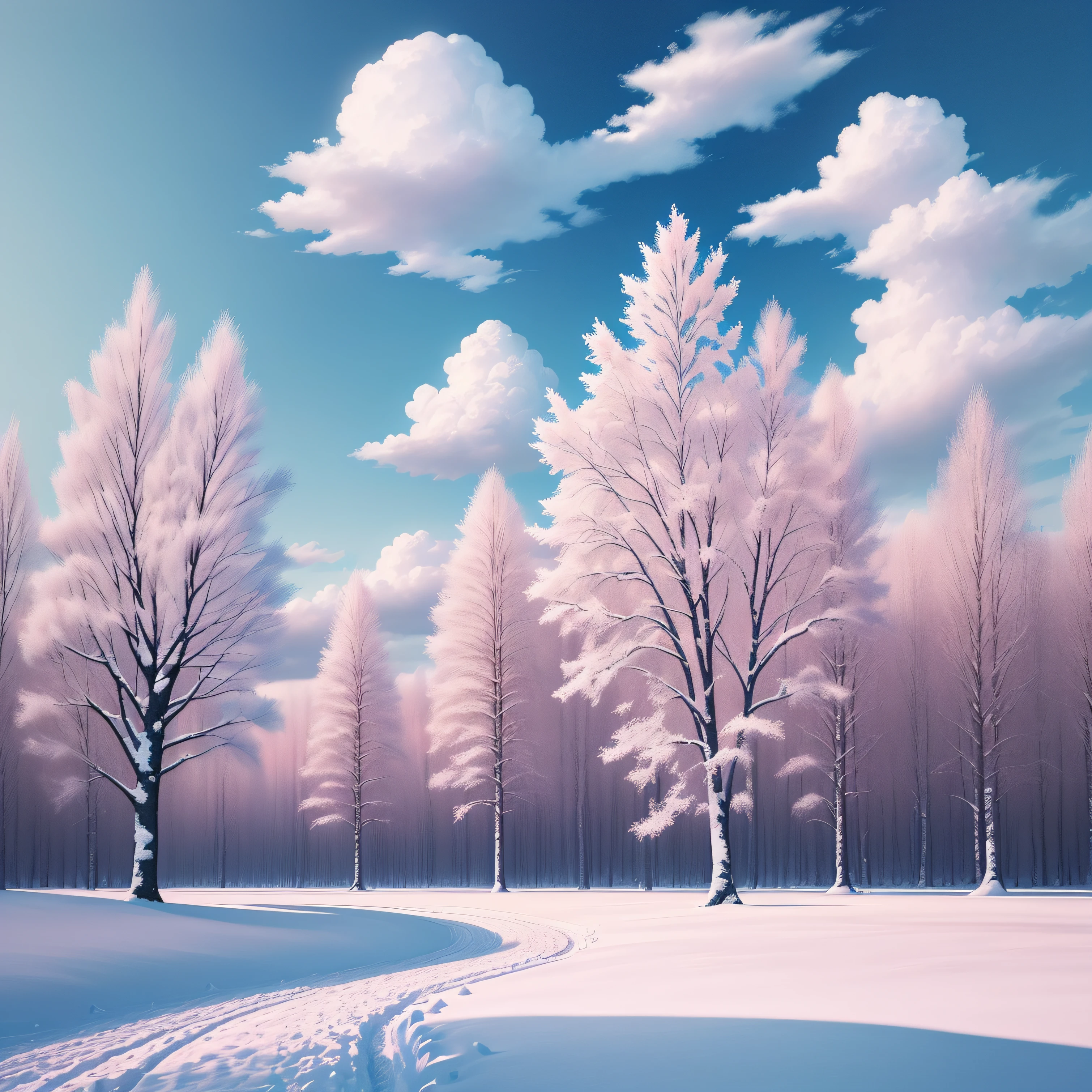 (Best Quality, Masterpiece) Beautiful, Snowy landscapes, warm, pale pink, Another winter tree, Bright color, Bright, blue skies, covered with clouds, The Spirit of Hope, Calm and peaceful landscape.