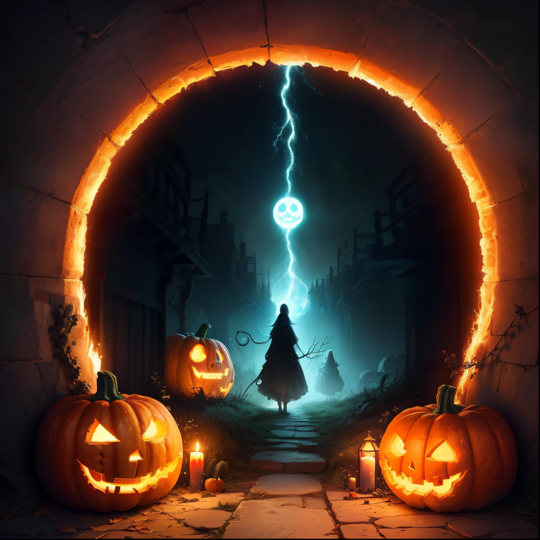 Portal with witches, ghost and pumpkins.