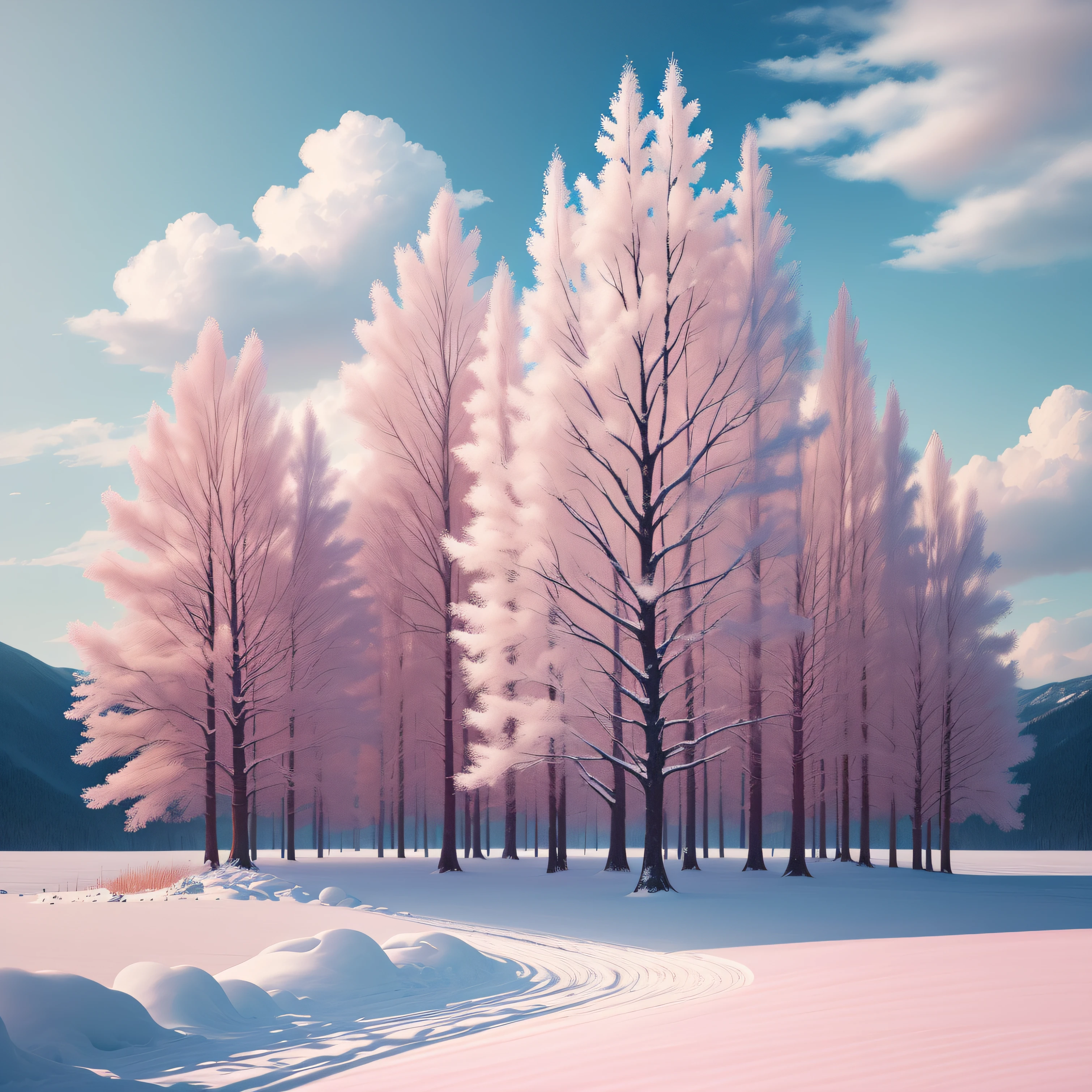 (Best Quality, Masterpiece) Beautiful, Snowy landscapes, warm, pale pink, Another winter tree, Bright color, Bright, blue skies, covered with clouds, The Spirit of Hope, Calm and peaceful landscape.
