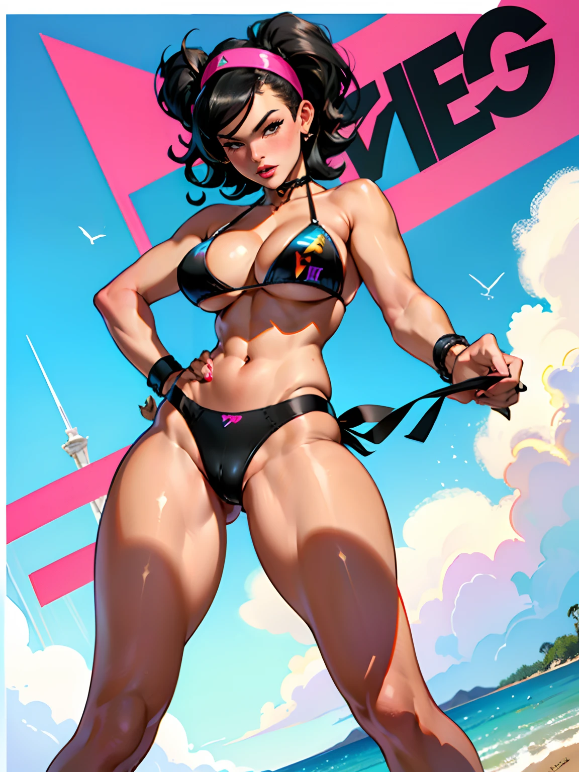 (high quality, best rendering), (beautiful girl), black hair, (bombshell, pin-up style), psychopath, crazy face, sexy pose, 2 piece outfit, pastel, centered, scale to fit dimensions, micro thong, micro bikini, camel toe