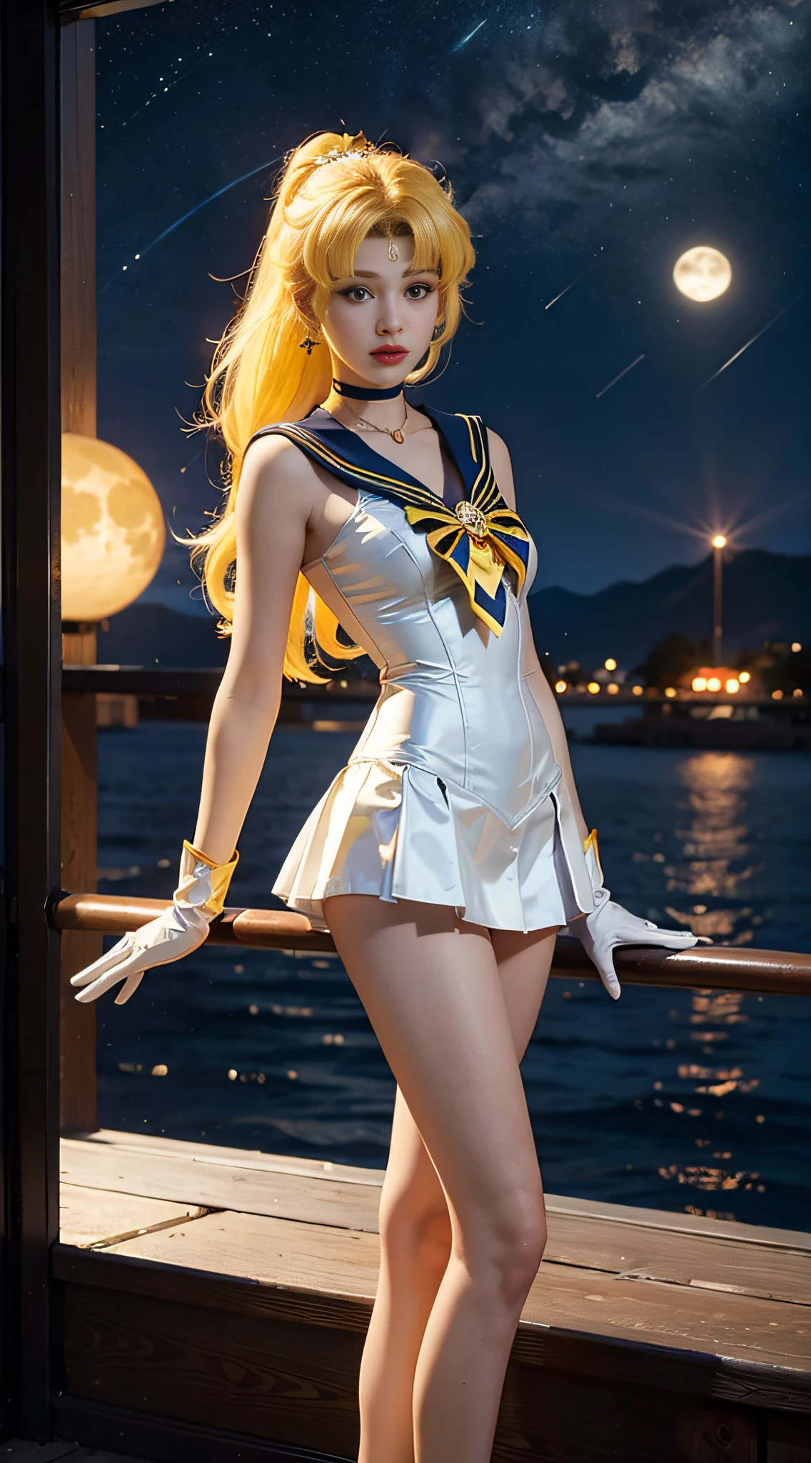 ((​masterpiece:1.4)、(top-quality:1.4)、(reallistic:1.7))、masuter piece:1.4、a beauty girl、(Sailor Moon:1.4)、Tsukino Usagi、Body Fit Sexy Sailor Senshi Uniform、(latex shiny)、(The jacket is a white sleeveless sailor suit)、(Skirt Blue Sexy Ultra Ultra Pleated Mini Skirt)、The collar of the sailor suit is blue with two thin lines.、high leg swimsuit、Red cloth ornament on chest、(Wearing white gloves)、Kawaii Girl、Super beauty、foco nítido、Portrait photos、Upper body photography:1.4、beautiful countenance、beautidful eyes、Narrow waist、beauty legs、(yellow  hair:1.4)、(length hair:1.2)、Beautiful udder、large full breasts:1.2、Sexy ass、Raw photo、red-lips、Red high heels:1.4、a choker:1.4、a necklace:1.4、耳Nipple Ring:1.4、Luxurious Golden Tiara:1.4、1 screen display、a moon、kosmos、spaceships、A space station、City of the Future