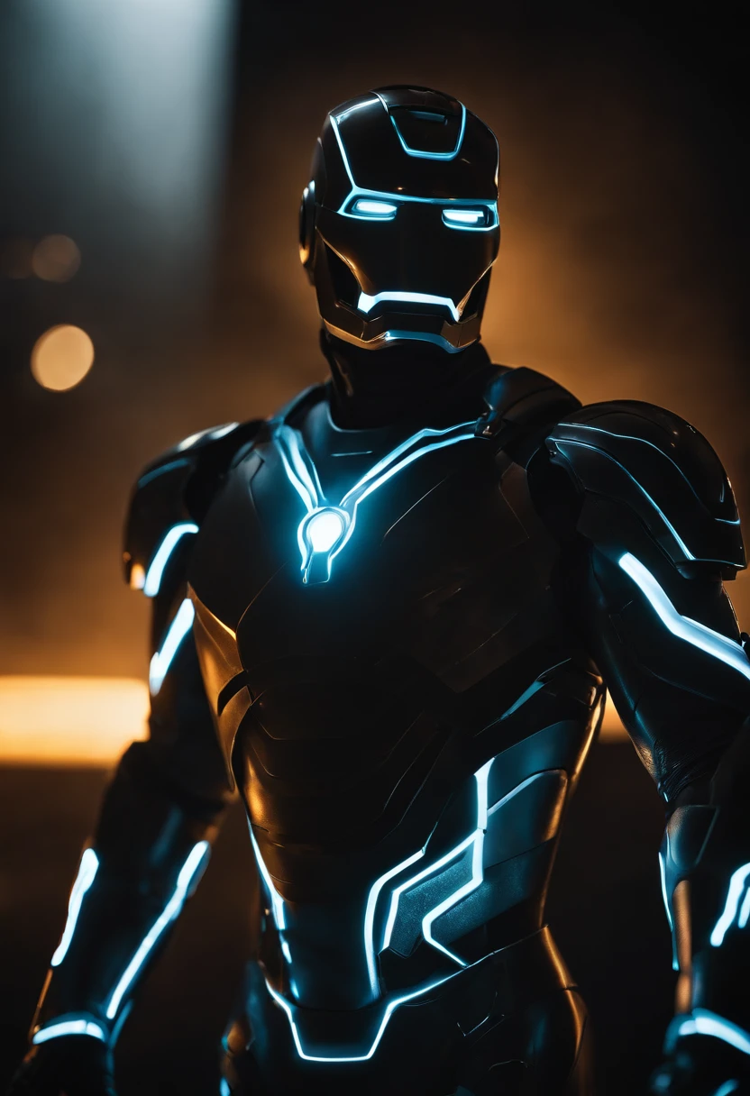 Tron Combined with Ironman, tron legacy, battle pose, crystal clear image, intricate details, close up, battle scars, black and amber themed, simulation world