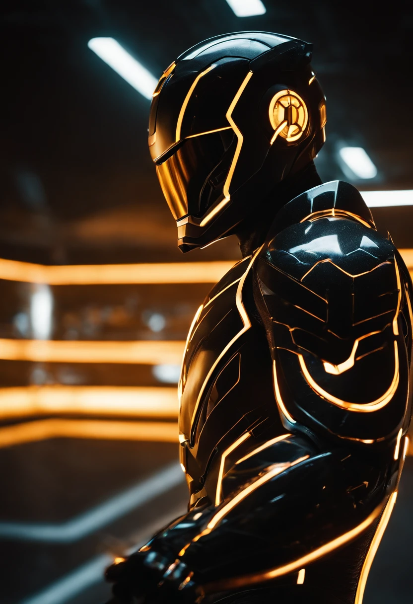 Tron Combined with Ironman, tron legacy, battle pose, crystal clear image, intricate details, close up, battle scars, black and amber themed, simulation world