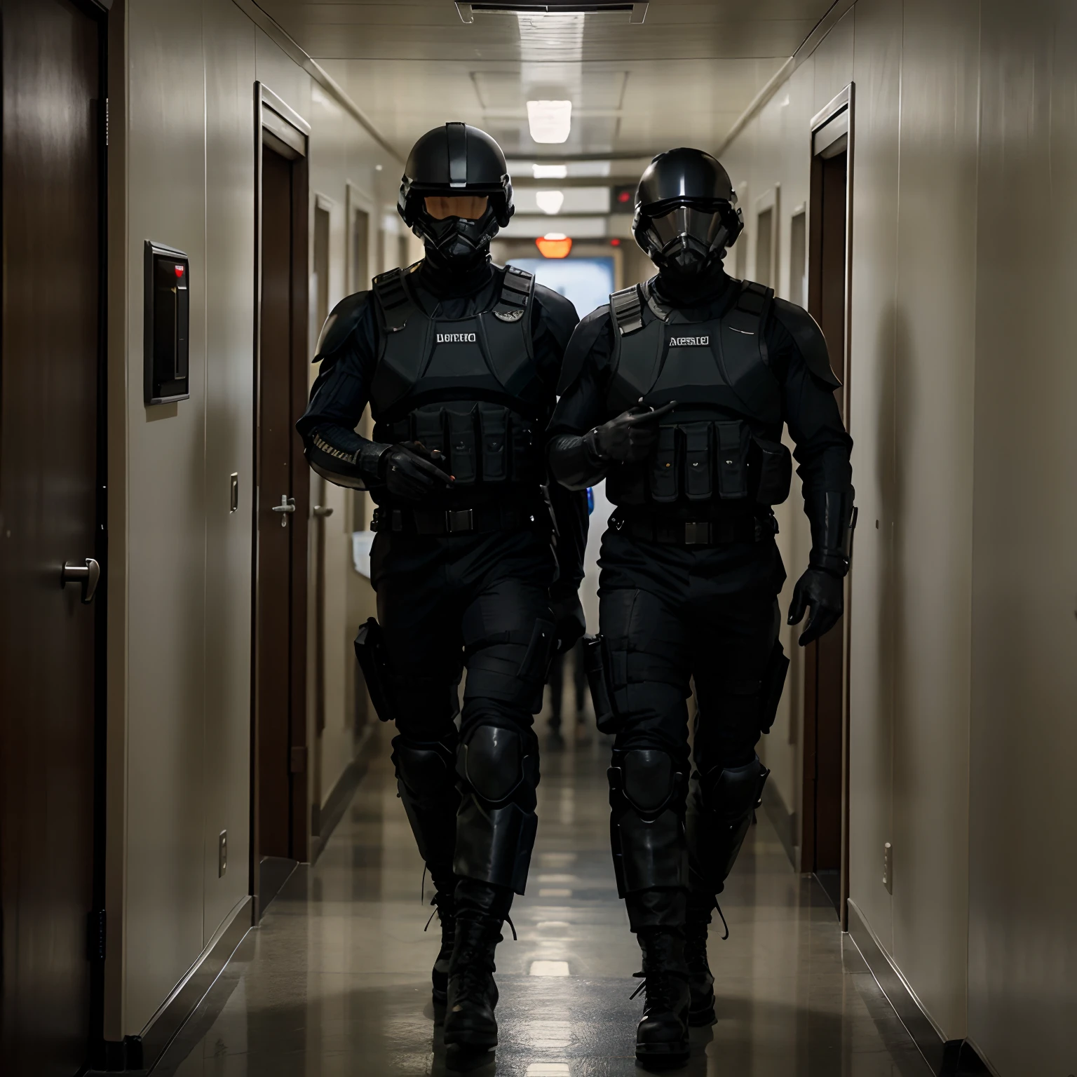 Two soldiers with a black uniform and vest and a black helmet in the corridor of a ship (StarshipTroopers)