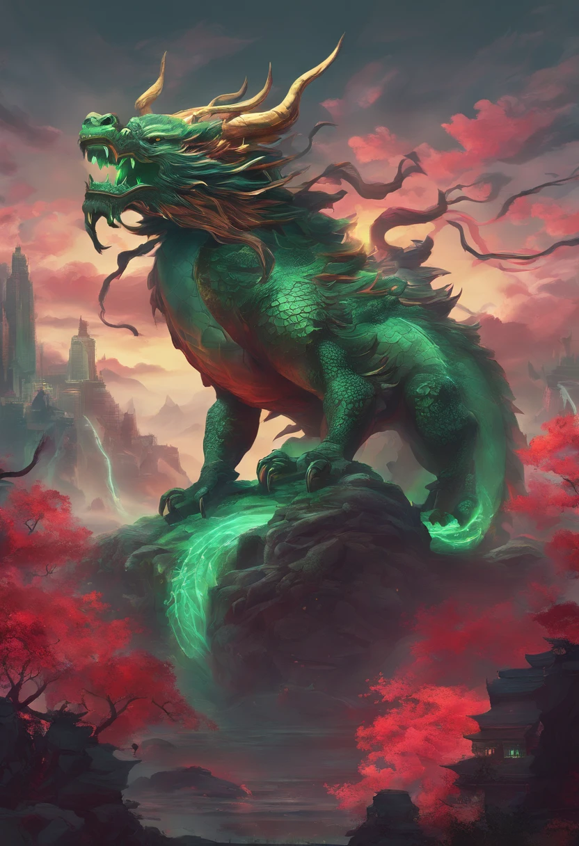 China-style,Chinese mythology,Chinese Green Dragon,tosen,Ferocious,gargantuan,The eyes glow red,Glow effects,surrounded by cloud,Thick clouds,buliding,中景 the scene is,Full body like, highly detailed surreal vfx,oc rendered,