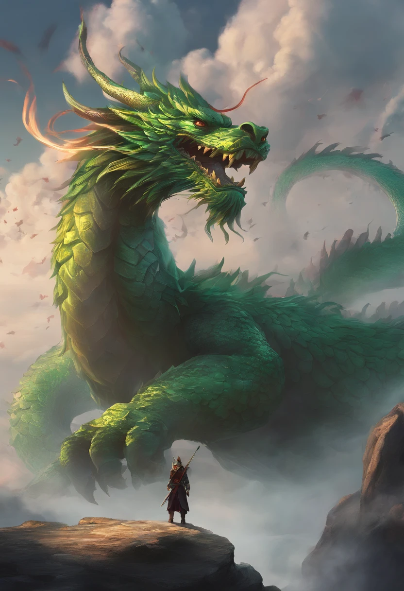 China-style,Chinese mythology,Chinese Green Dragon,tosen,Ferocious,gargantuan,The eyes glow red,Glow effects,surrounded by cloud,Thick clouds,buliding,中景 the scene is,Full body like, highly detailed surreal vfx,oc rendered,